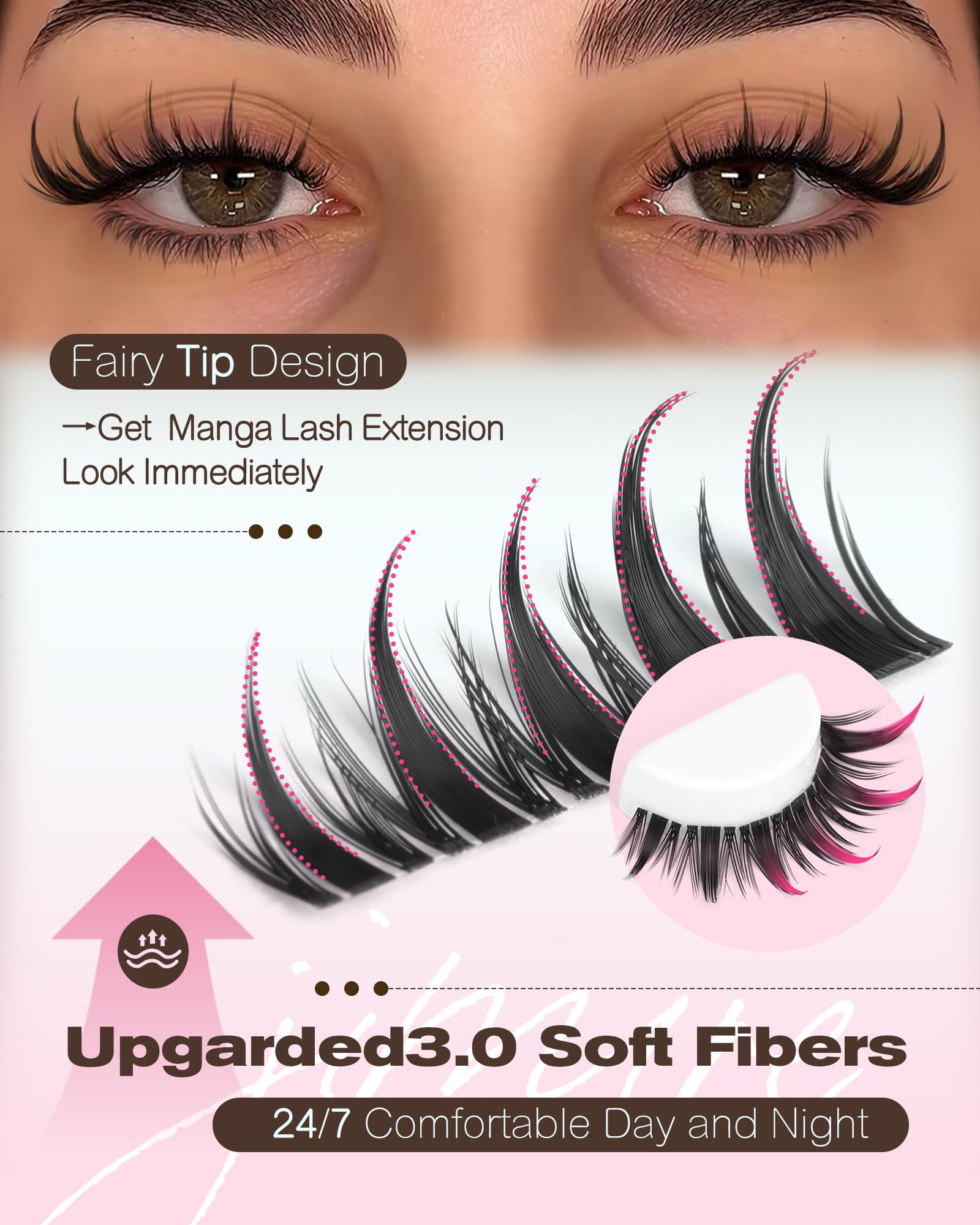 Jimire Manga Lash Clusters con banda invisible para fijación cómoda.