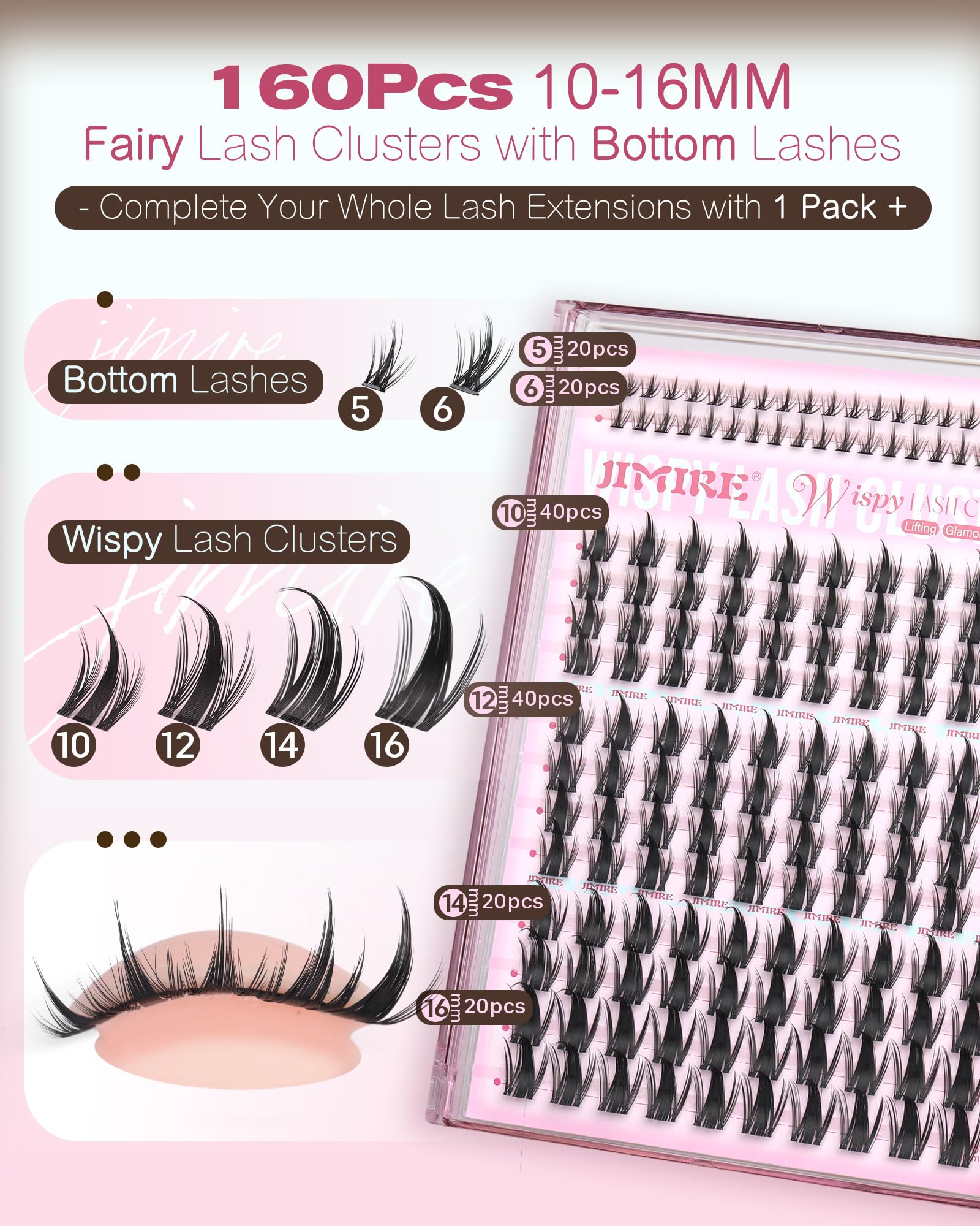 Jimire Manga Lash Clusters en longitudes 10–16 mm para estilos personalizables.