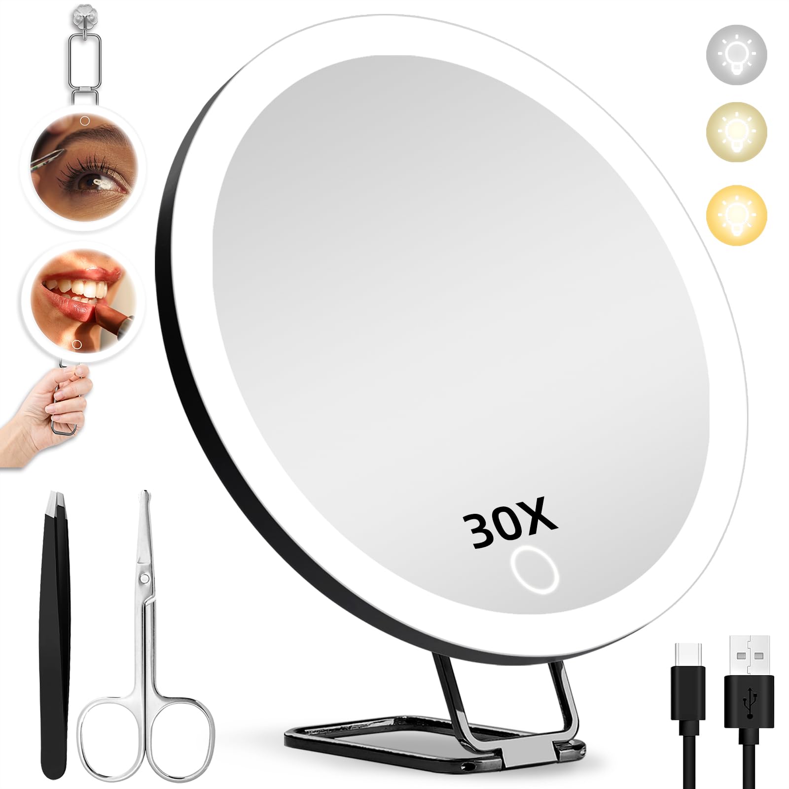 Espejo JJhxr lupa 30x iluminado, vista frontal para retoques detallados.