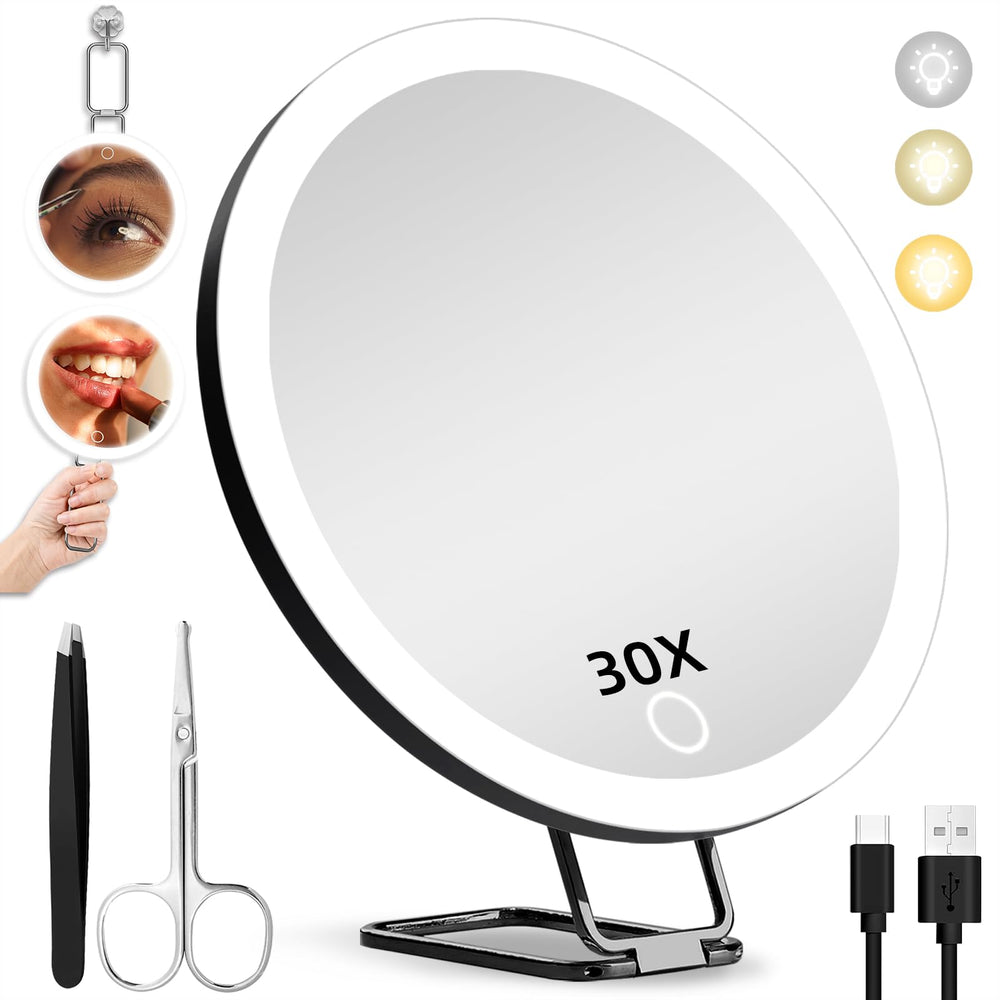 Espejo JJhxr lupa 30x iluminado, vista frontal para retoques detallados.