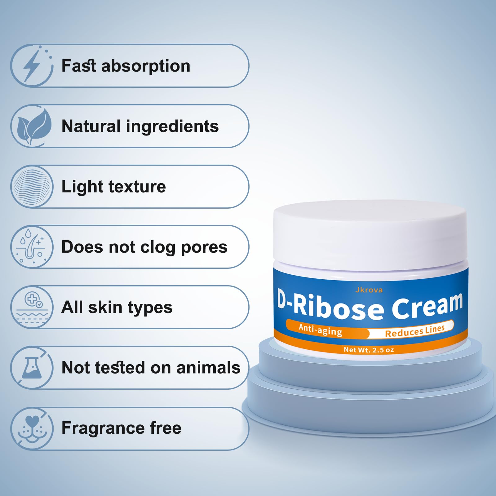 Jkrova Crema de Ribosa, ingredientes clave como D-Ribosa y aceites nutritivos.