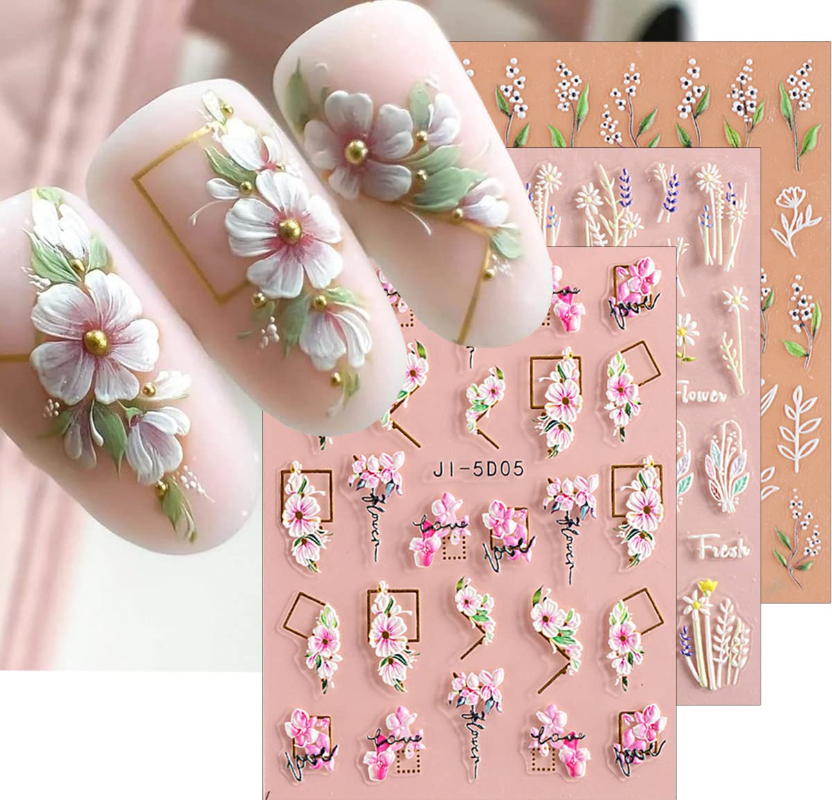 Pegatinas jmeowio con relieve 3D de flores y hojas para uñas rápidas.