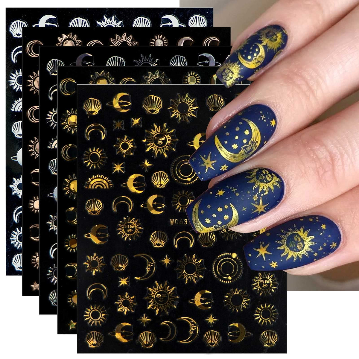 JMEOWIO: diseño lunar-estrella-sol en uñas para un aspecto brillante.