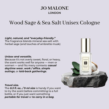 Jo Malone Wood Sage & Sea Salt bottle close-up highlighting a fresh, unisex scent