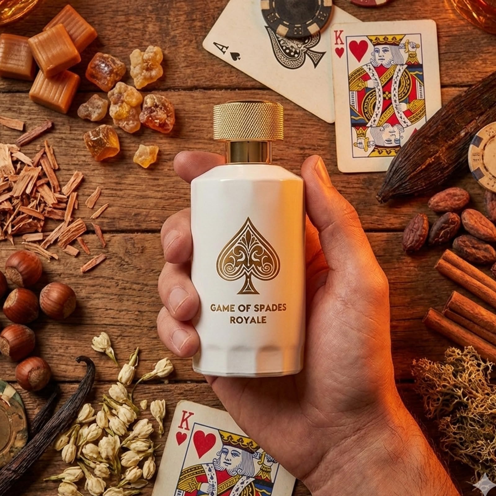 Base cálida de caramelo y ambroxan en Jo Milano Game of Spades Royale