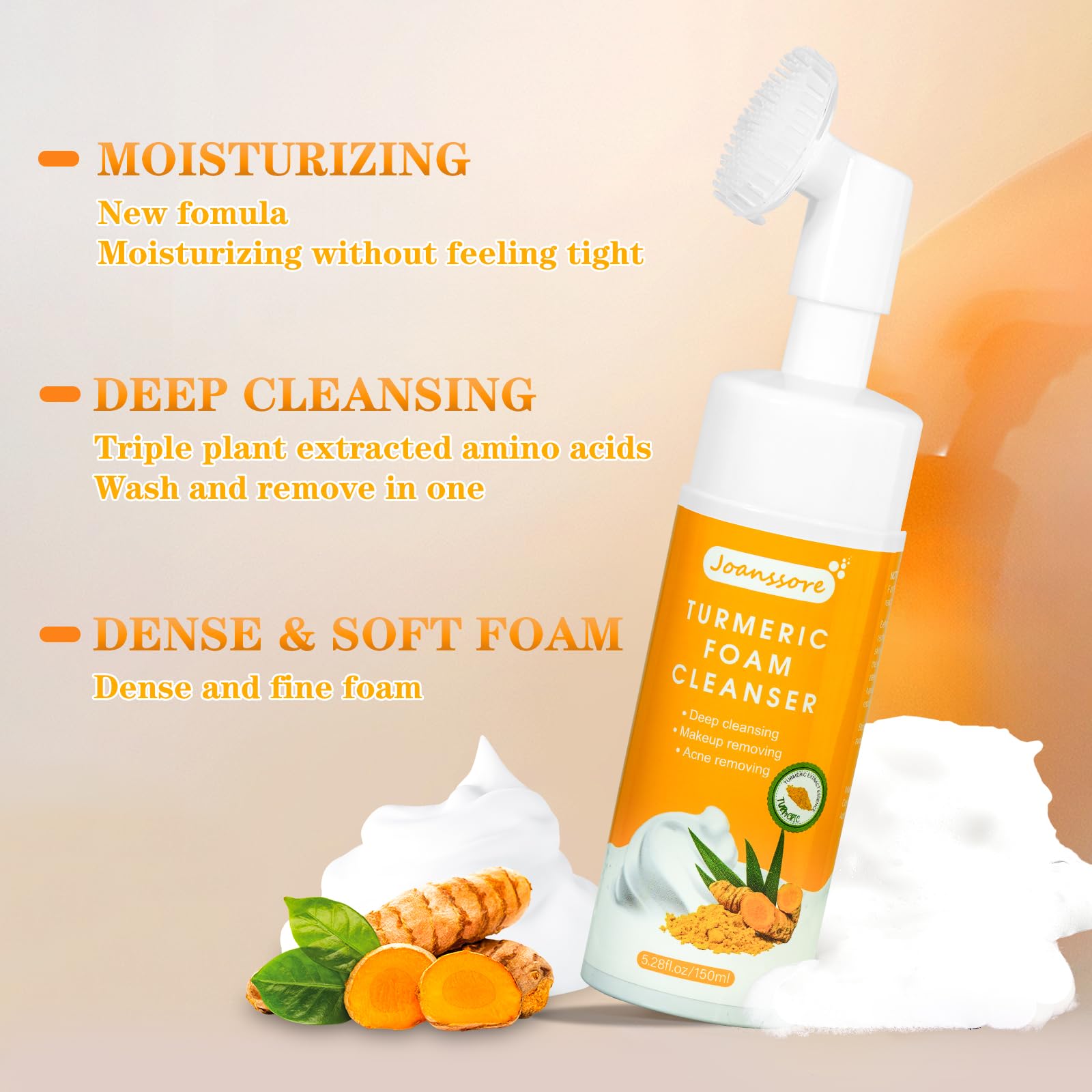 Joanssore espuma curcuma textura espumosa para limpieza facial suave.