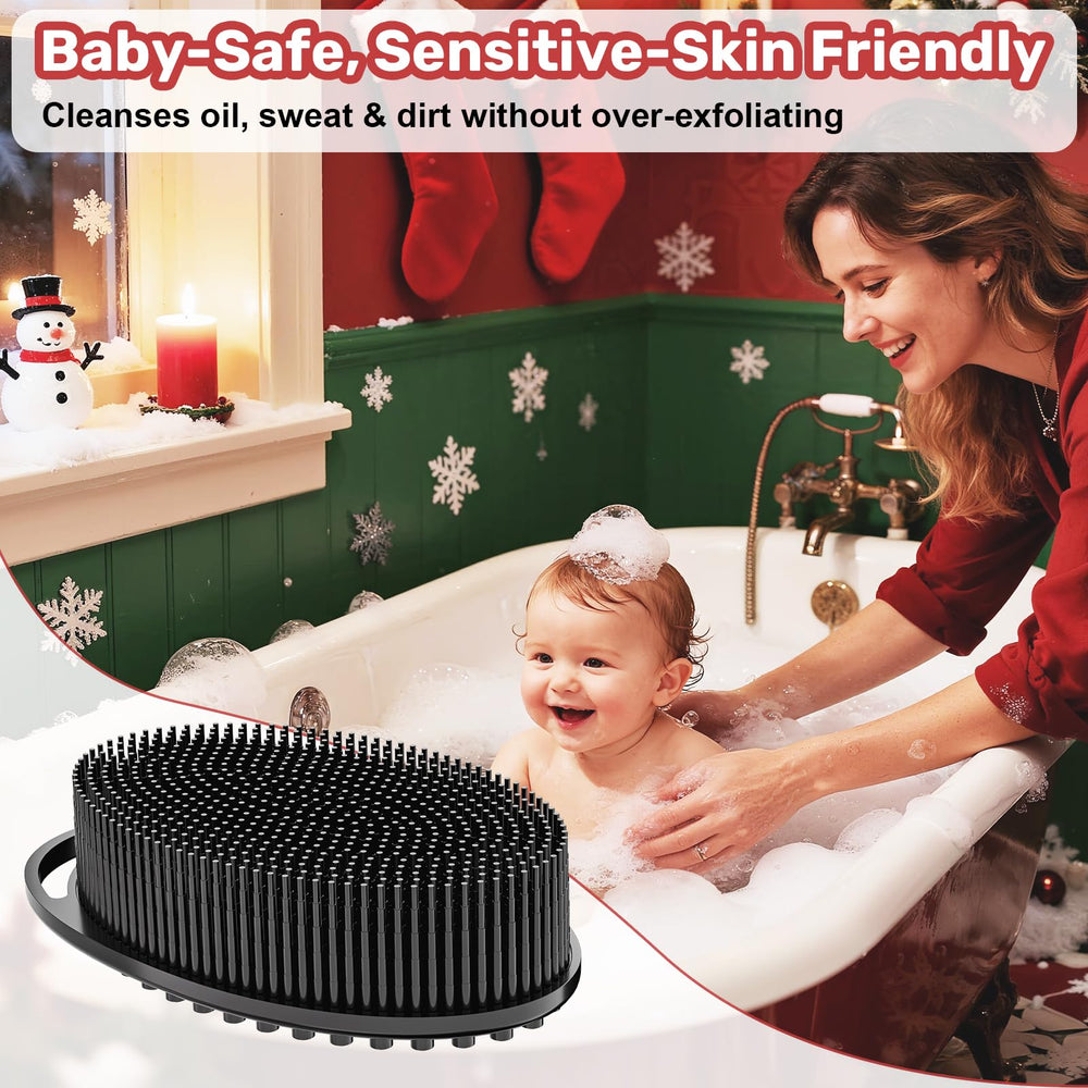 Cepillo exfoliante de silicona azul para uso diario en la ducha.