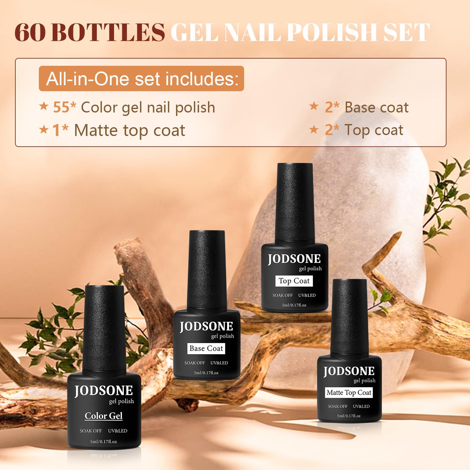 Botellas JODSONE de base coat y top coat para acabado profesional.