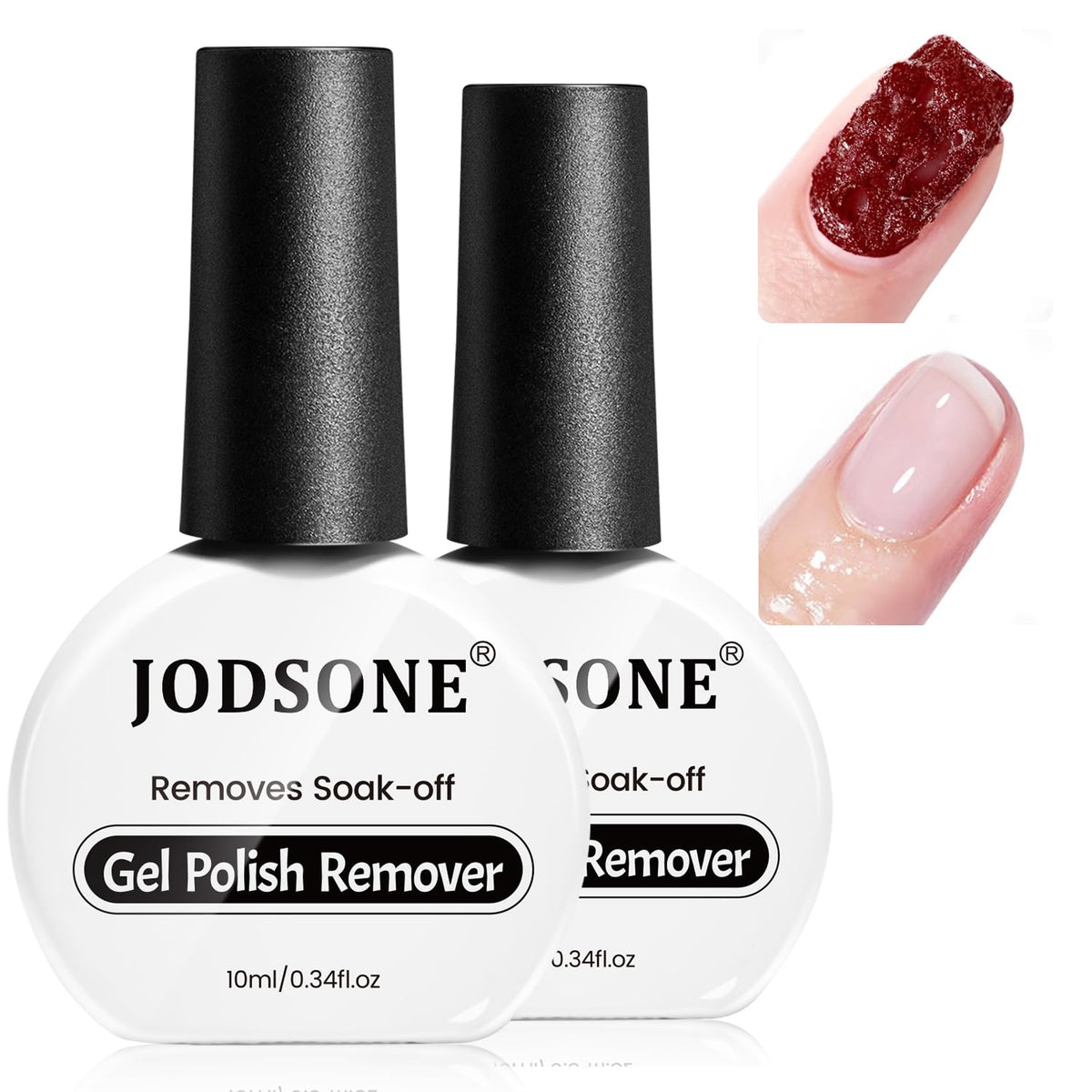 JODSONE: dos frascos de quitaesmalte gel de 10 ml para uso en casa.