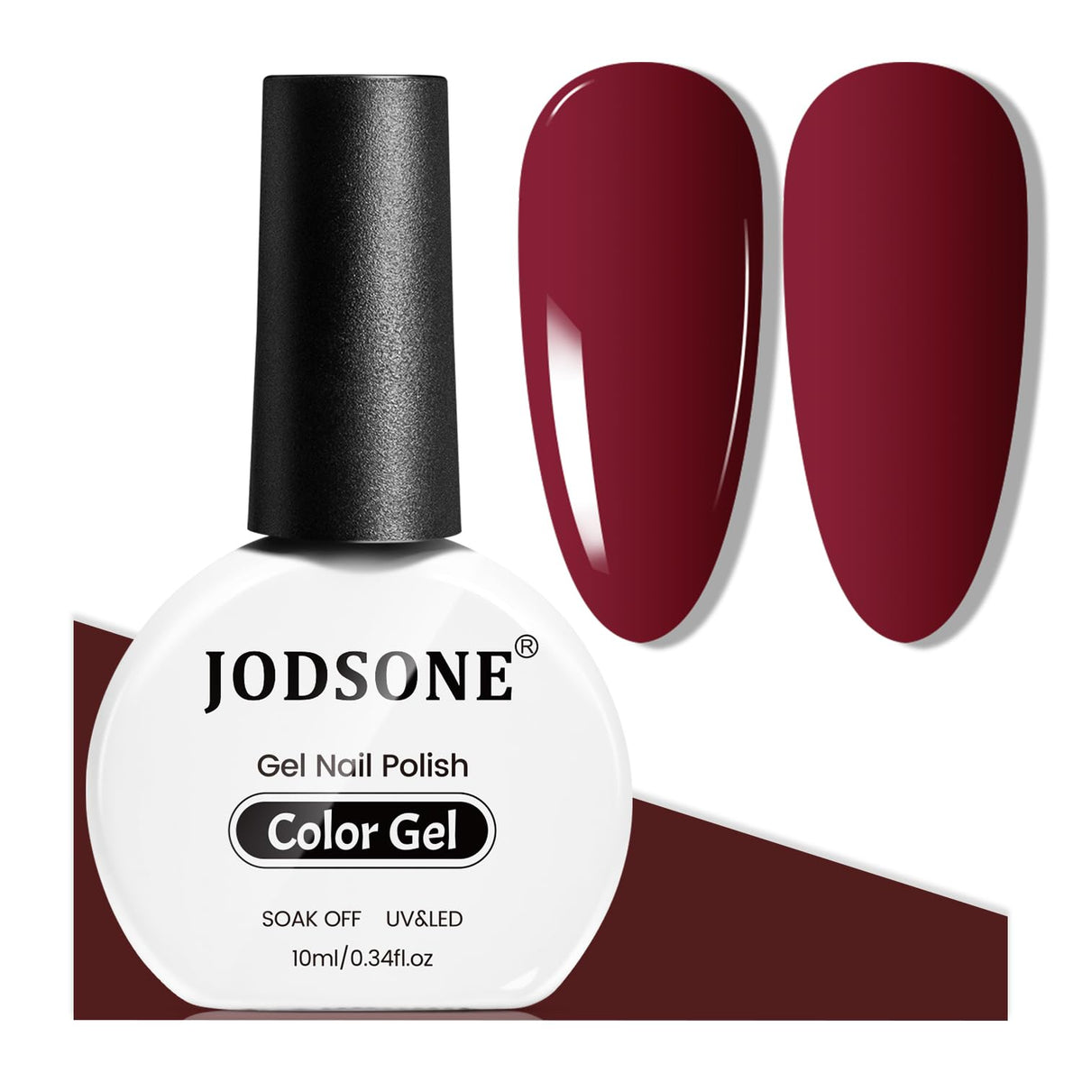 Esmalte gel de jodsone para uñas rojas oscuras con acabado brillante.