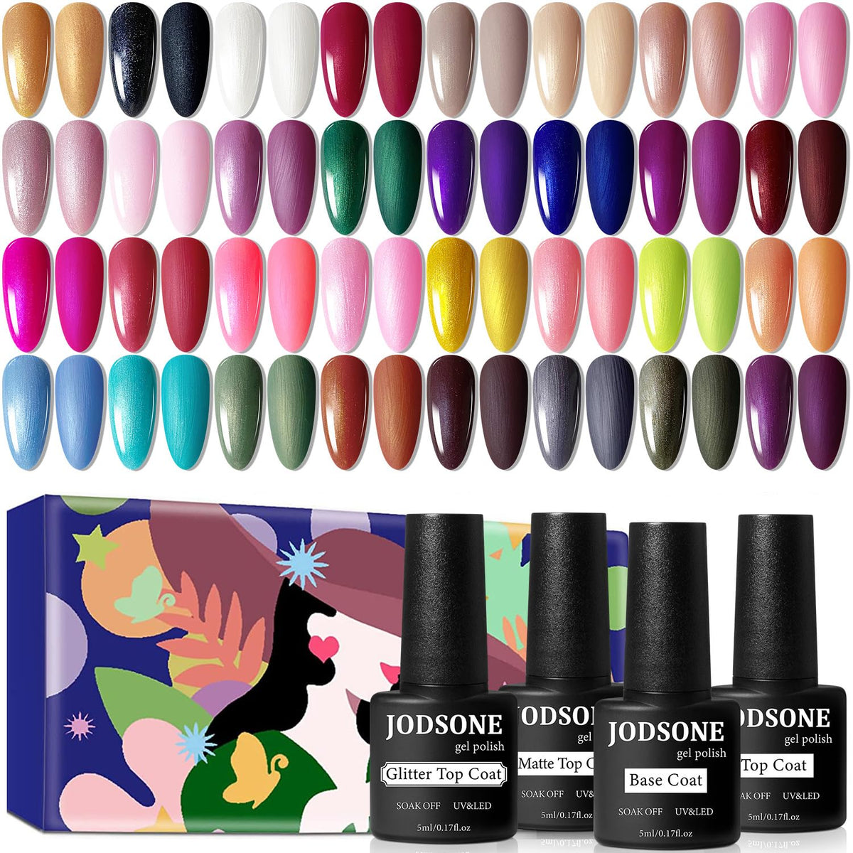 JODSONE, conjunto de esmaltes en gel con brillos de cinta para looks veraniegos.