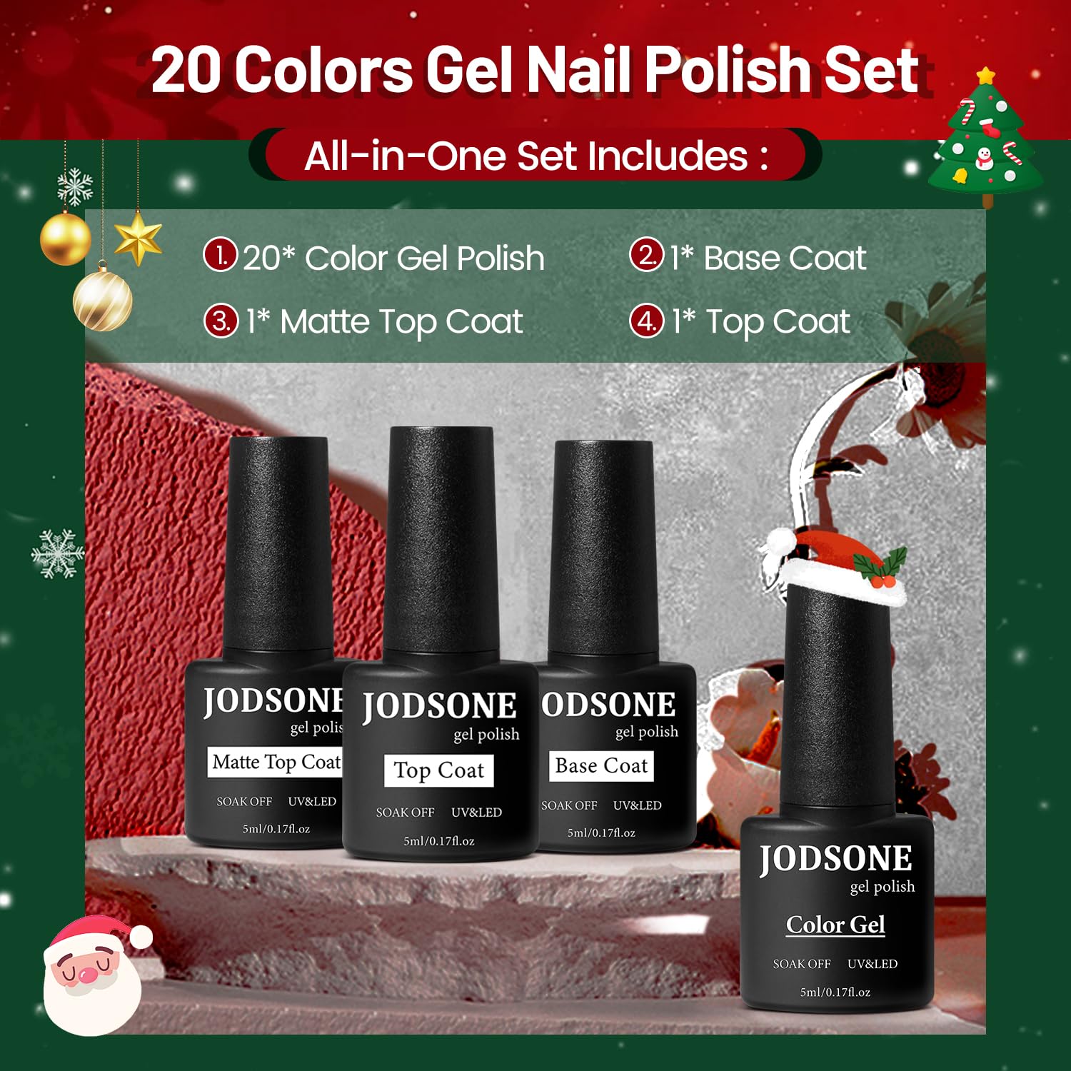 JODSONE Gel Nail Set muestra 20 colores para múltiples estilos.
