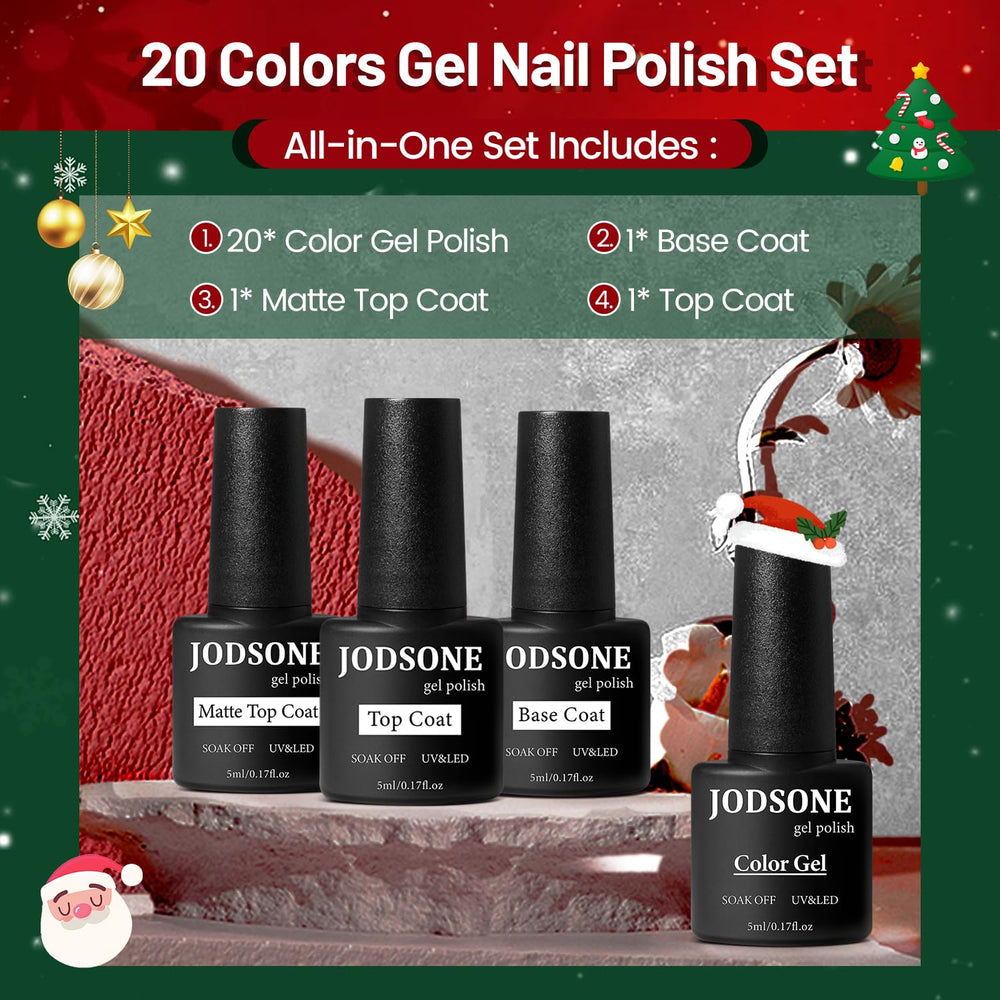 JODSONE Gel Nail Set muestra 20 colores para múltiples estilos.