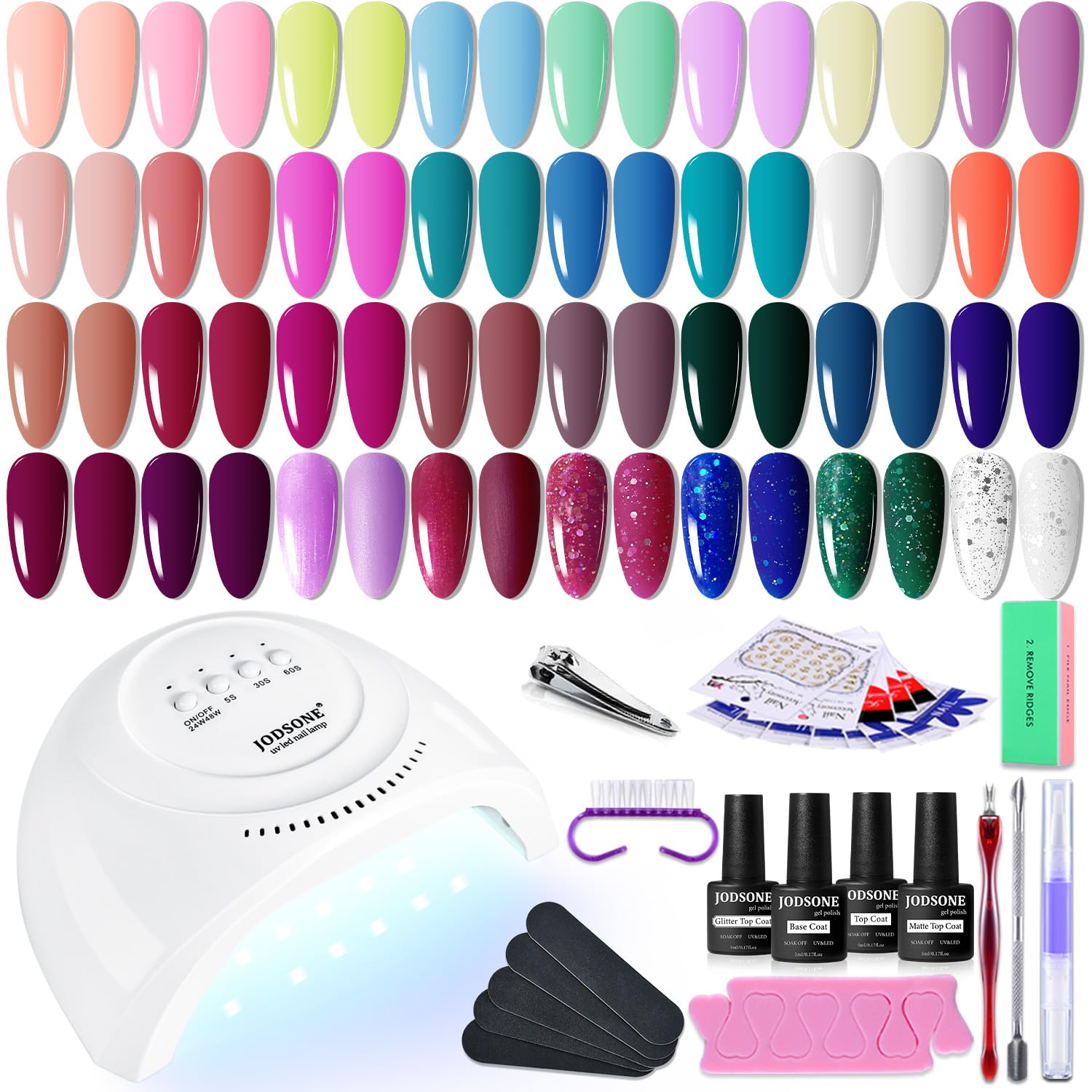 Kit JODSONE con lámpara UV y geles de colores para manicura.