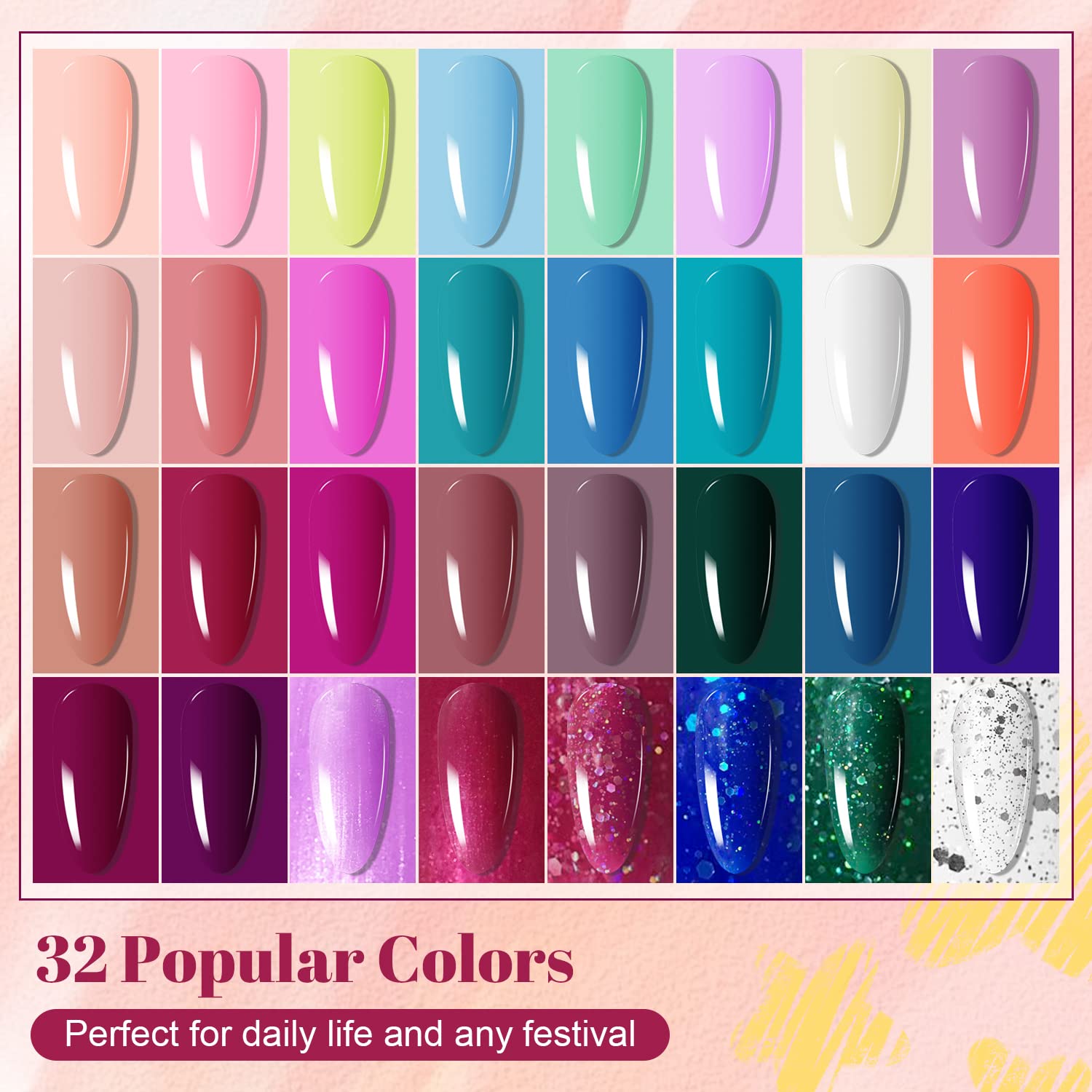 Paleta de 32 geles brillantes para estilos variados.