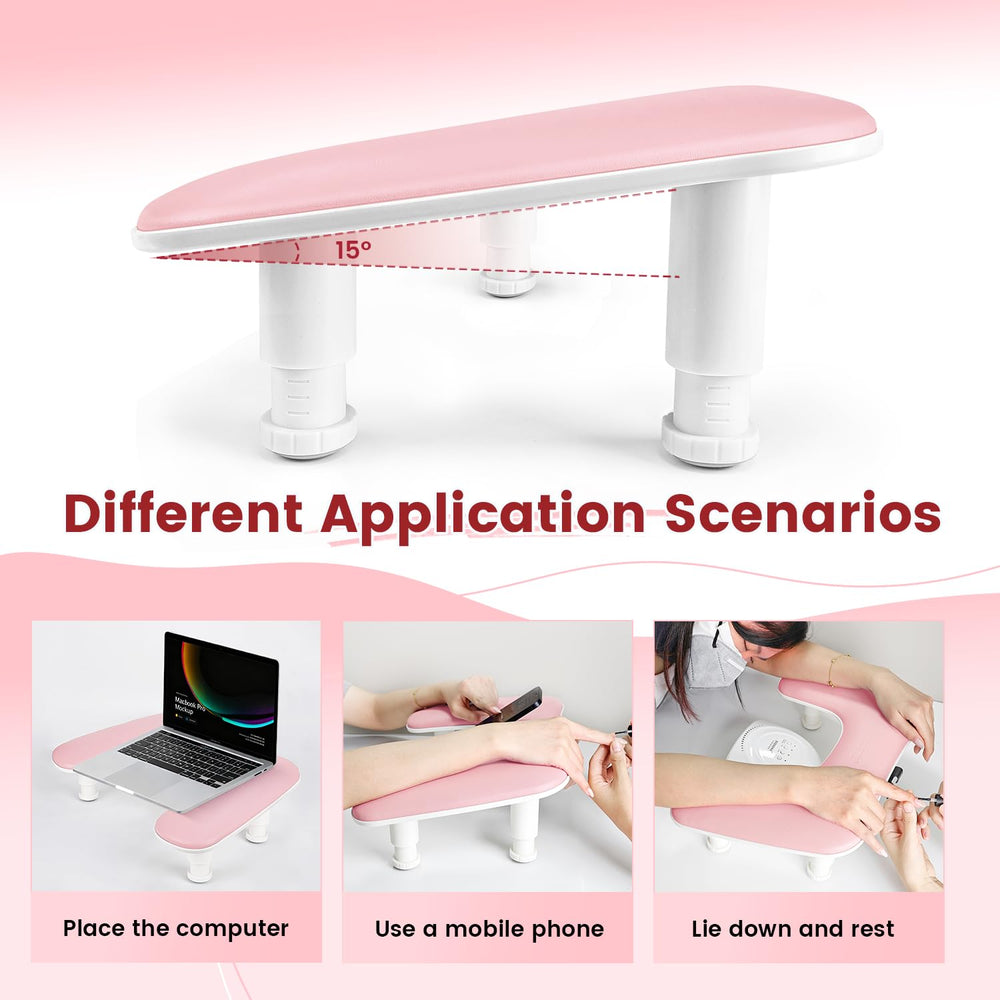 JODSONE reposamuñecas rosa con altura ajustable en tres niveles para diferentes clientas.