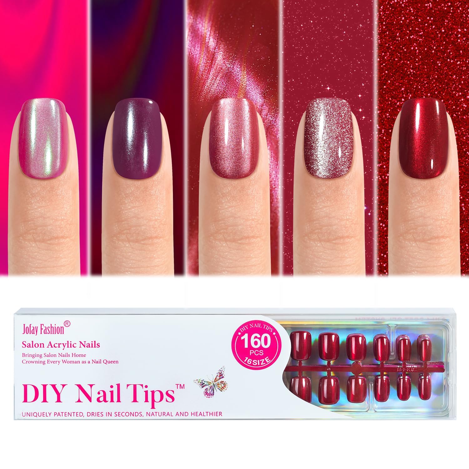 Ongles collants à effet œil de chat rouge Jofay Fashion, look salon rapide.