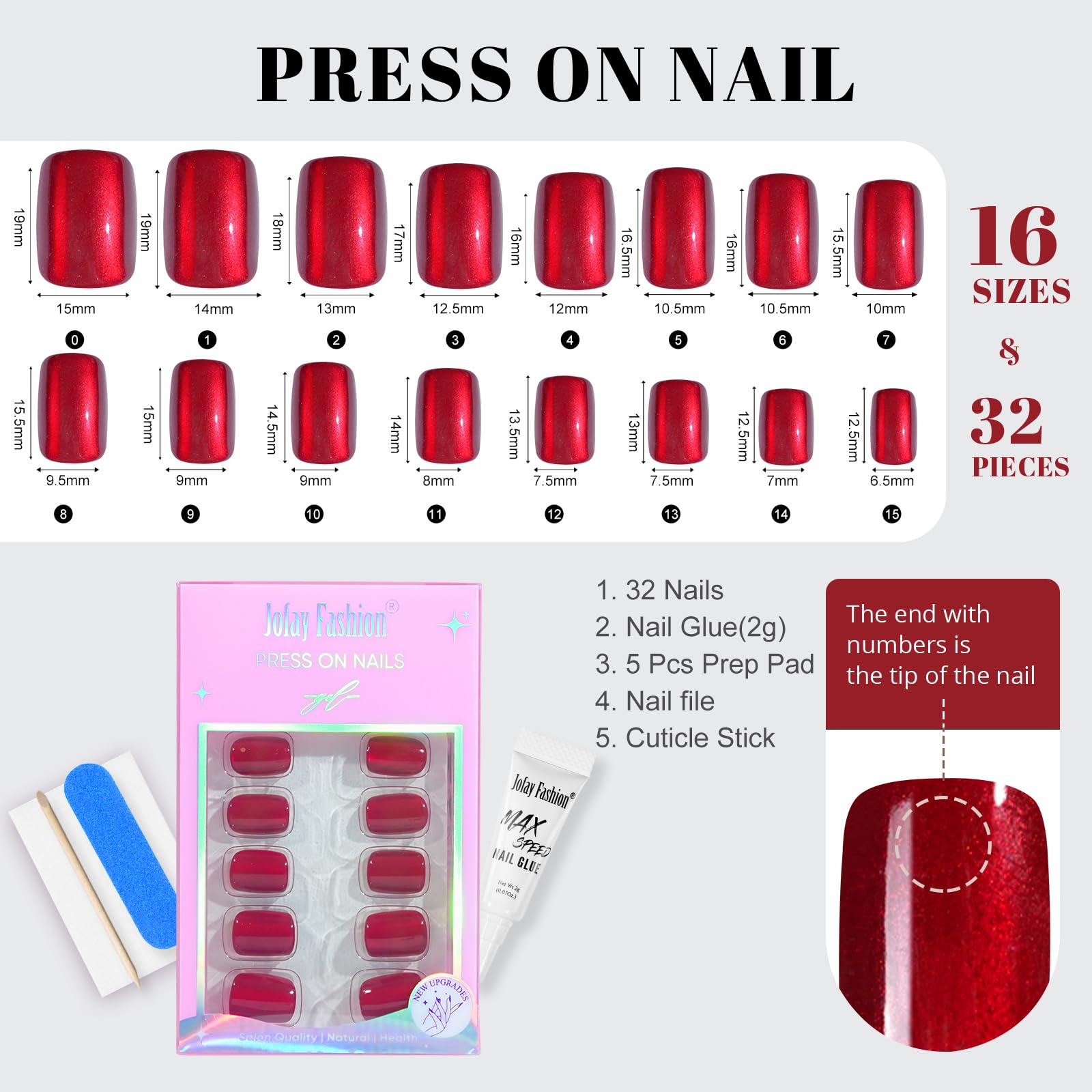 Set de 32 piezas de uñas rojas de Jofay Fashion para manicura rápida.