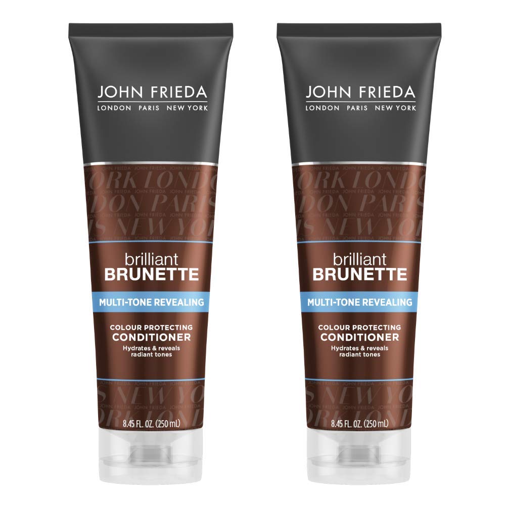 Acondicionador John Frieda Brunette Multi-Tono revelando, botella vertiendo, brillo y retiene color.