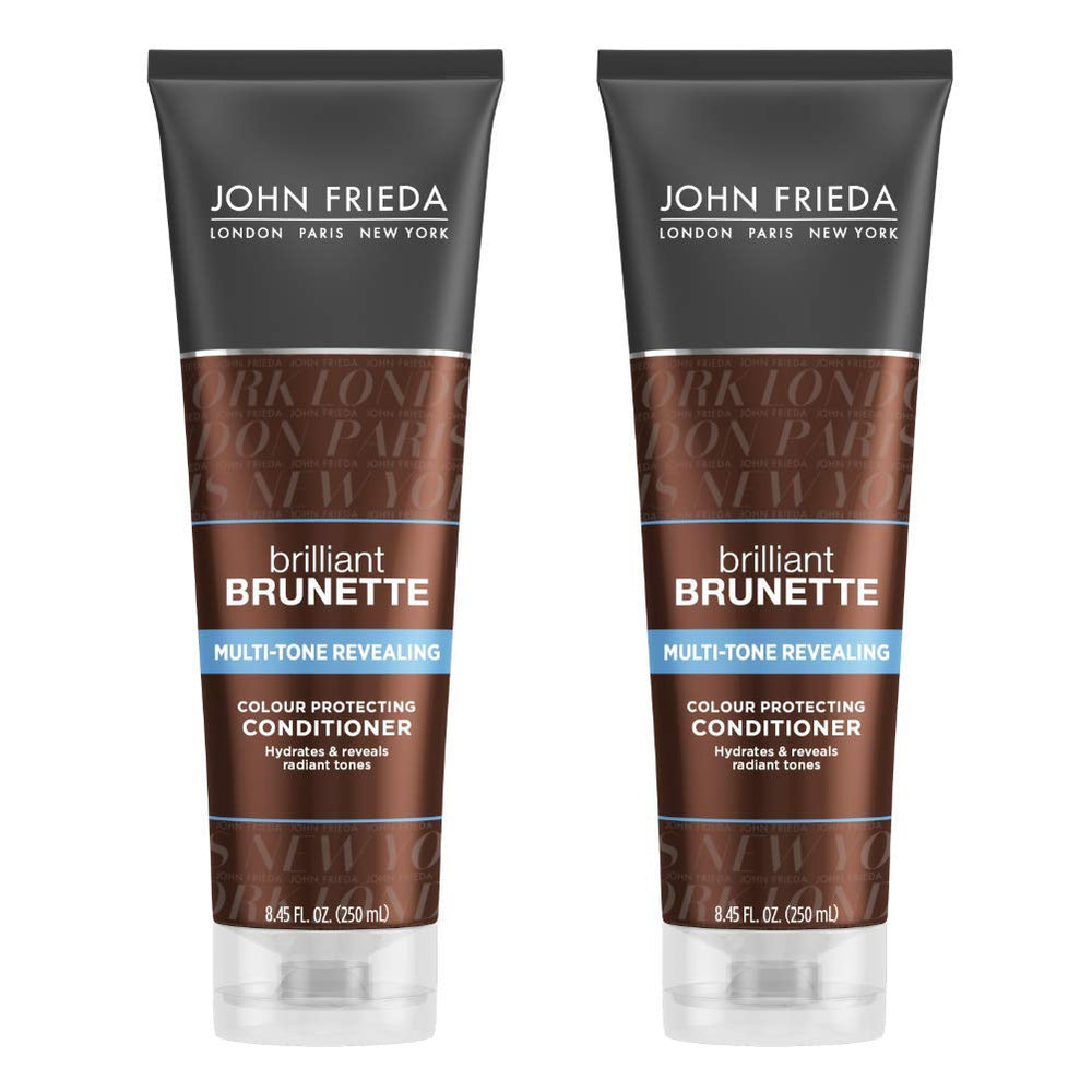 Acondicionador John Frieda Brunette Multi-Tono revelando, botella vertiendo, brillo y retiene color.