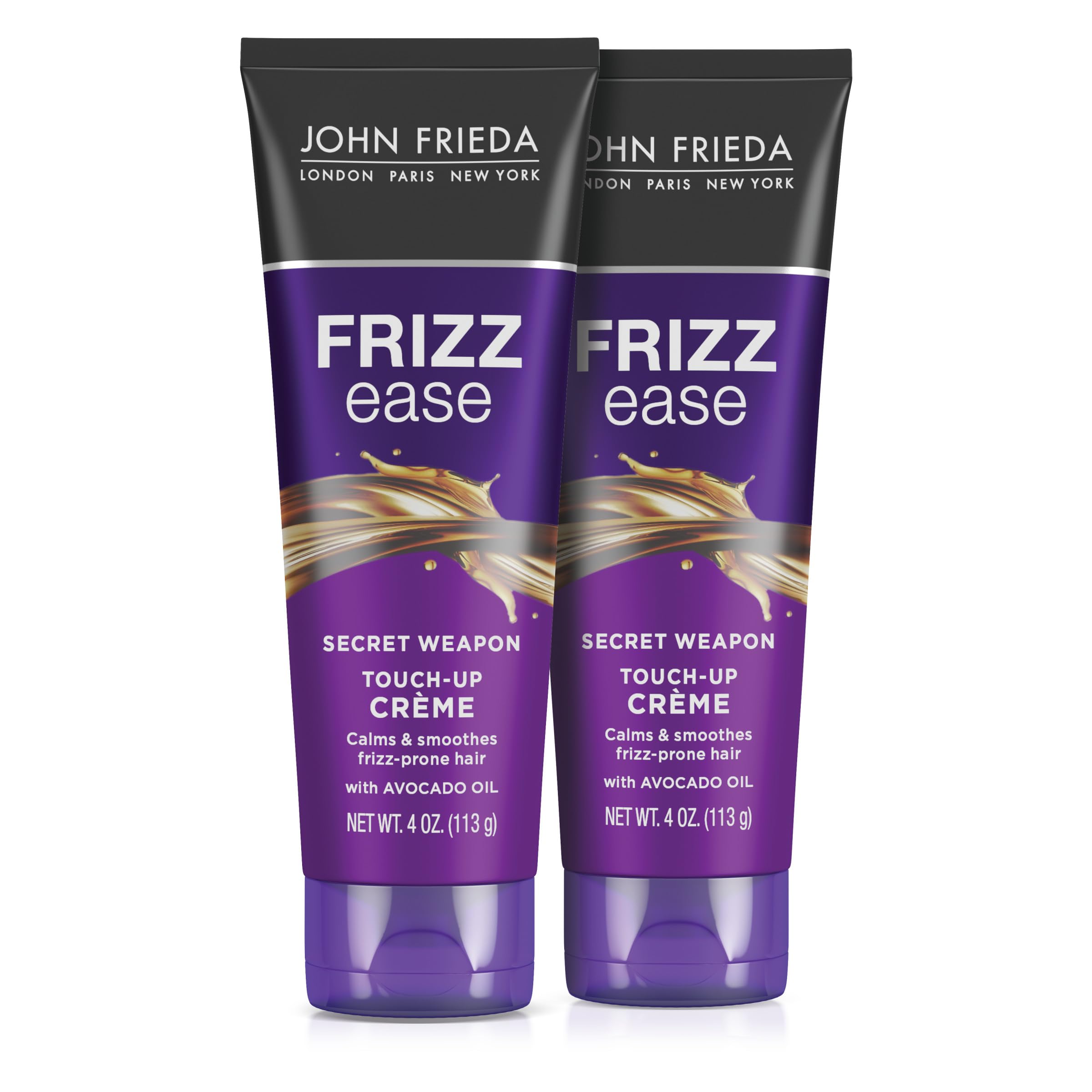John Frieda crema de retoque, botella frontal, controla el encrespamiento.