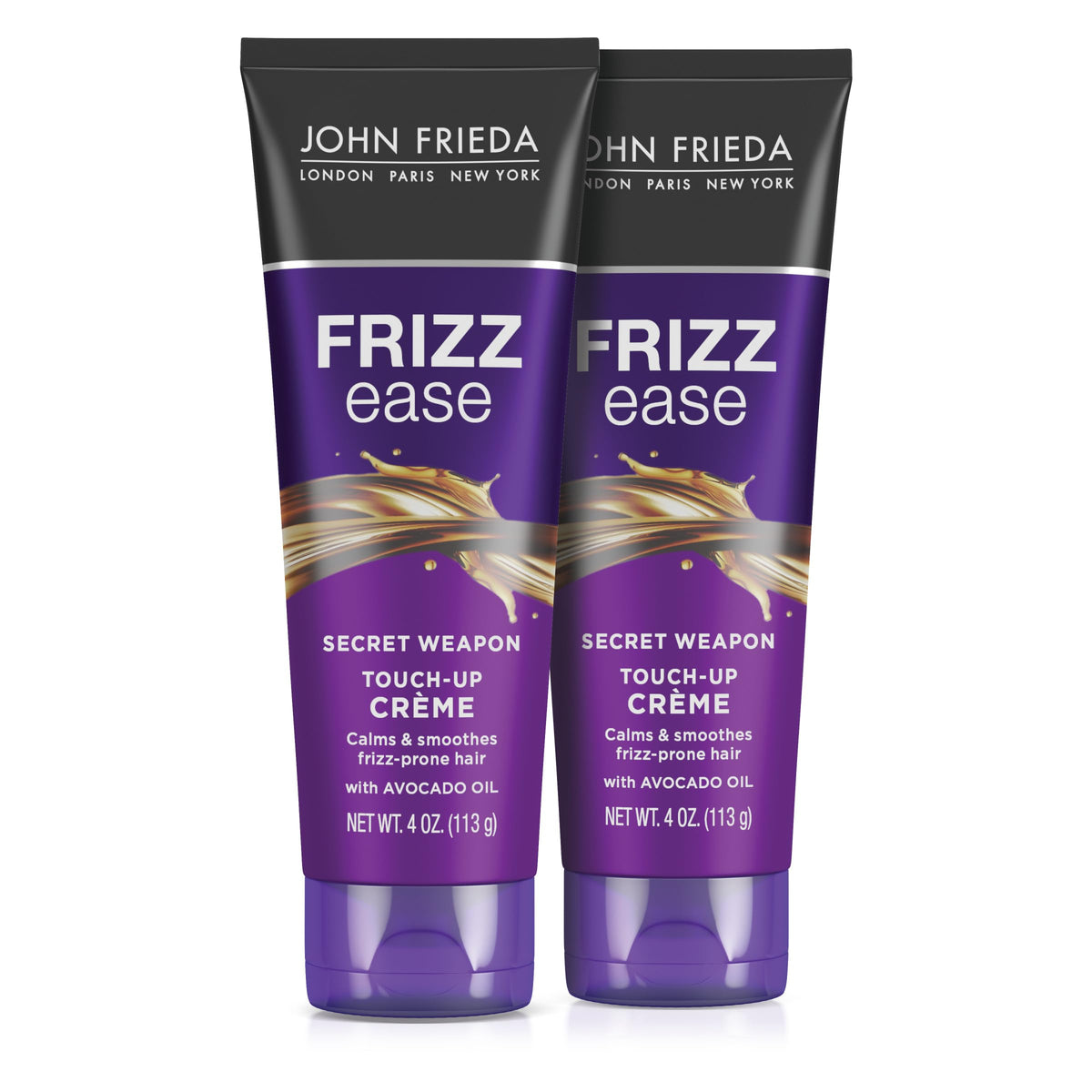 John Frieda crema de retoque, botella frontal, controla el encrespamiento.