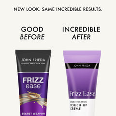 John Frieda crema de retoque, envase lateral, aporta brillo suave.