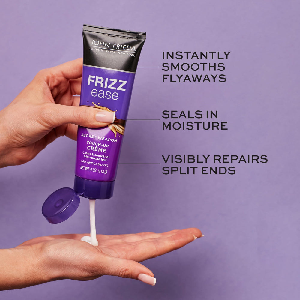 John Frieda crema de retoque, textura cremosa en la palma, uso diario.