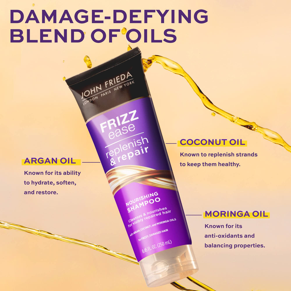 John Frieda Frizz Ease Replenish & Repair: etiqueta de ingredientes para cuidado intensivo y brillo.