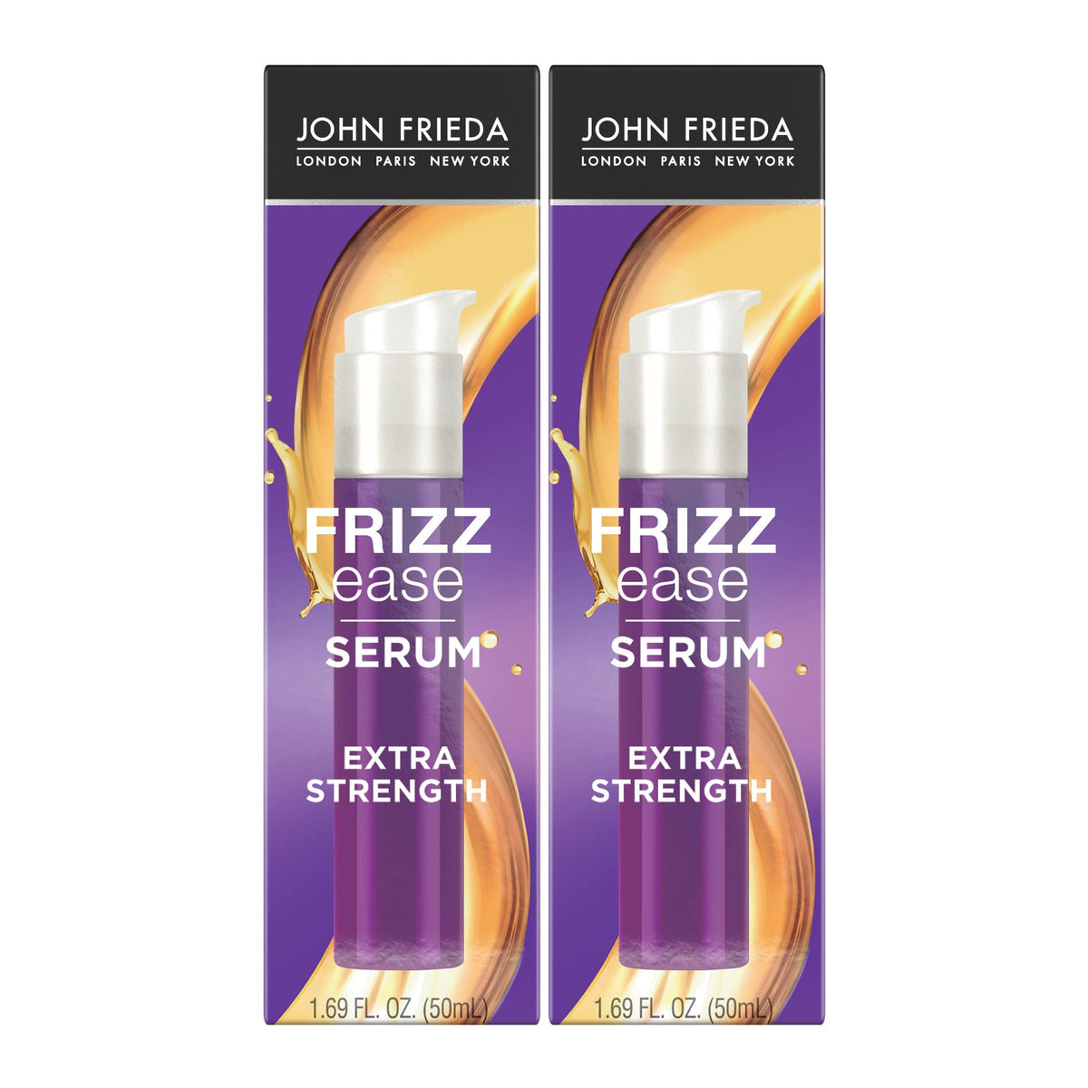 John Frieda Frizz Ease Serum – bouteille, cheveux plus lisses et hydratés.
