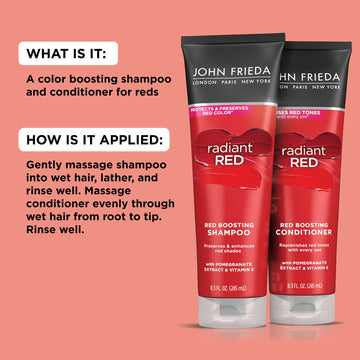 Shampoo and conditioner duo on shelf conveying salon-quality red hair care