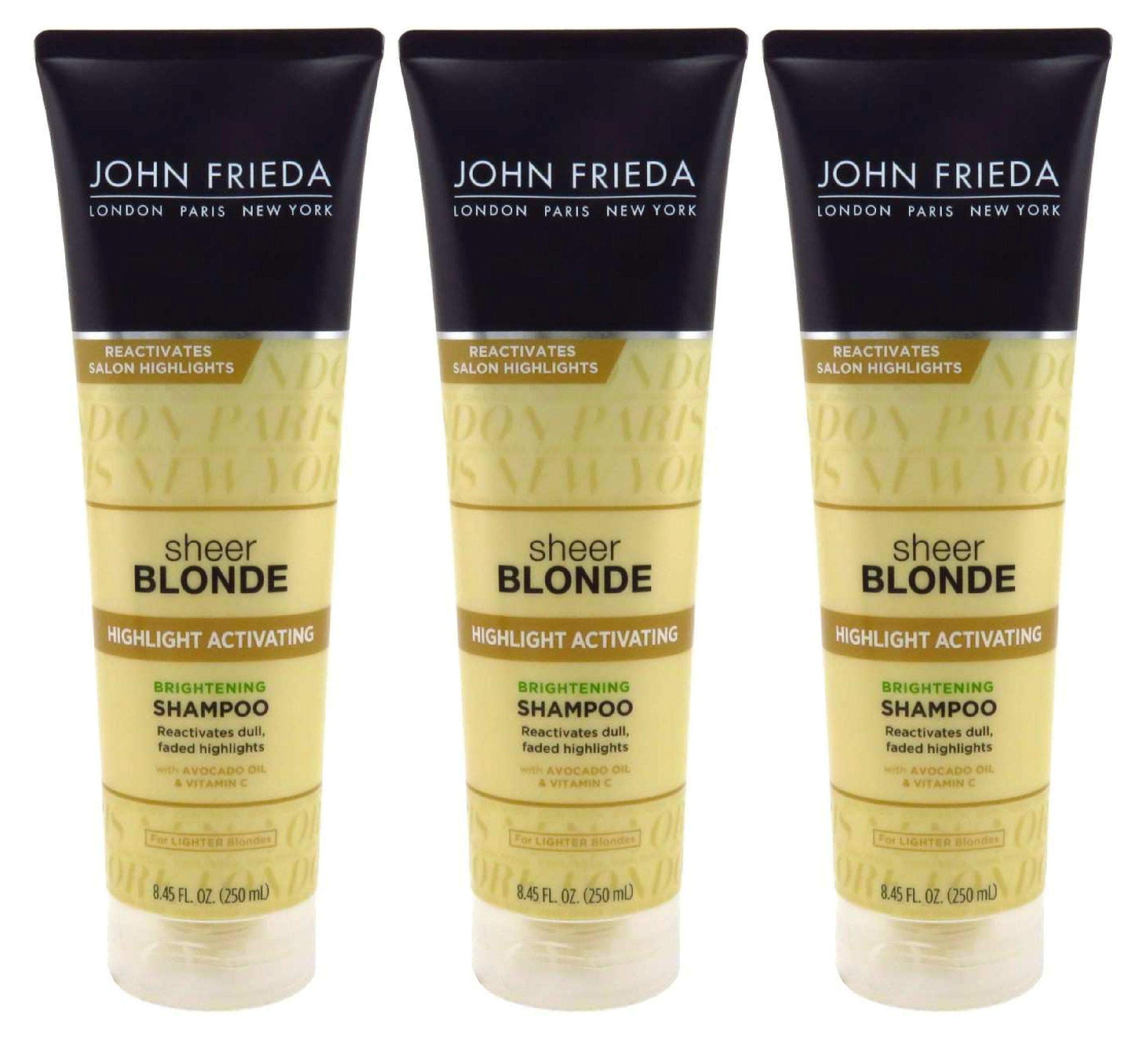 John Frieda shampoo botella derramando para brillo suave en rubios