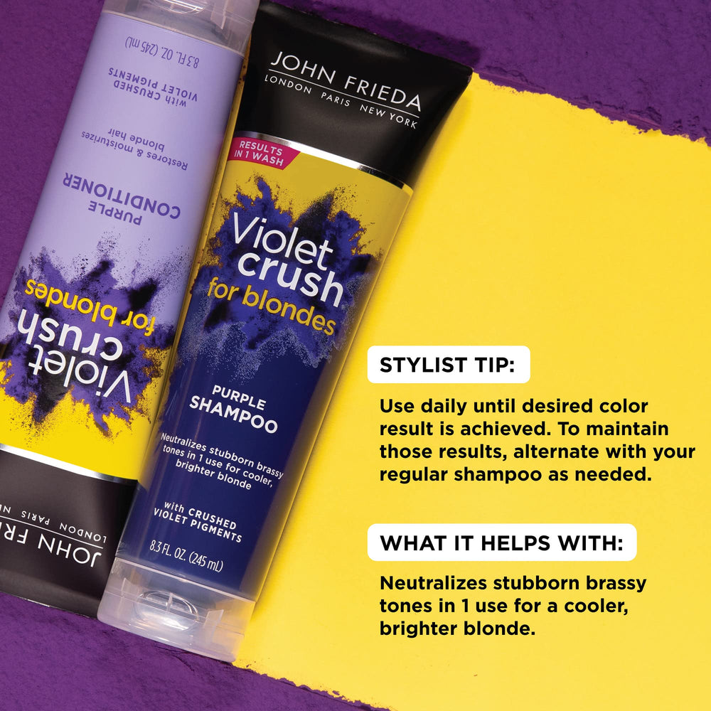 John Frieda Violet Crush champú morado, aplicación suave para contrarrestar tonos cálidos.
