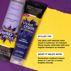 John Frieda Violet Crush champú morado, aplicación suave para contrarrestar tonos cálidos.