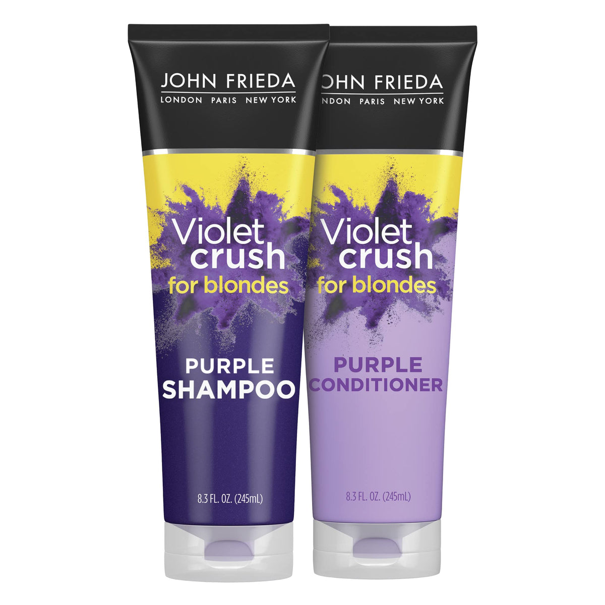 John Frieda Violet Crush champú morado, botella para rubios, neutraliza tonos amarillos.