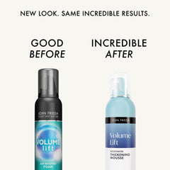 John Frieda Volume Lift aplicación de espuma para cabello, facilita peinado con volumen.