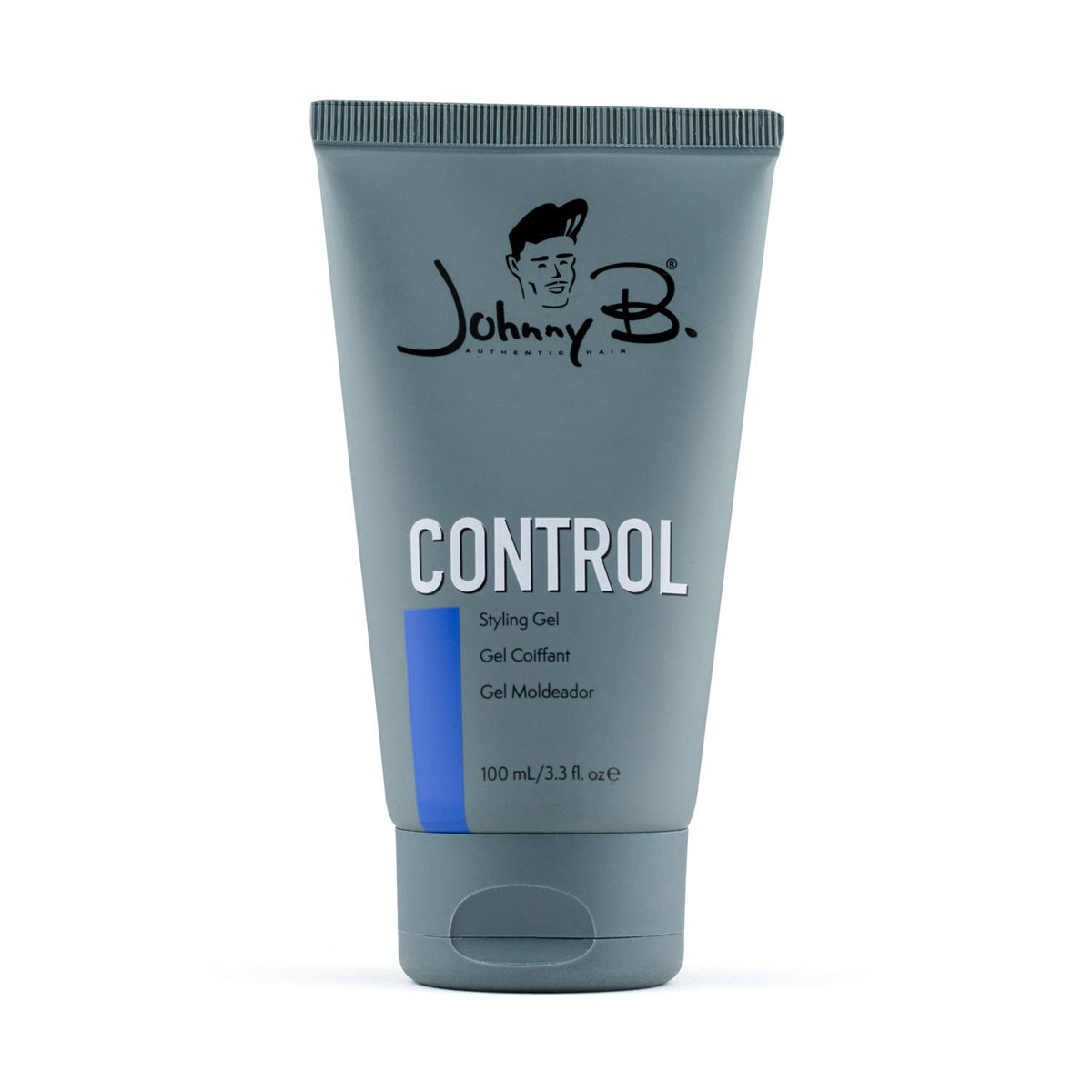 JOHNNY B. Control Gel frente de la botella, fijación fuerte para todo tipo de cabello.