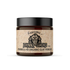 Johnny Slicks Formula 49 Arcilla Orgánica en botella de 2 oz para peinados firmes.
