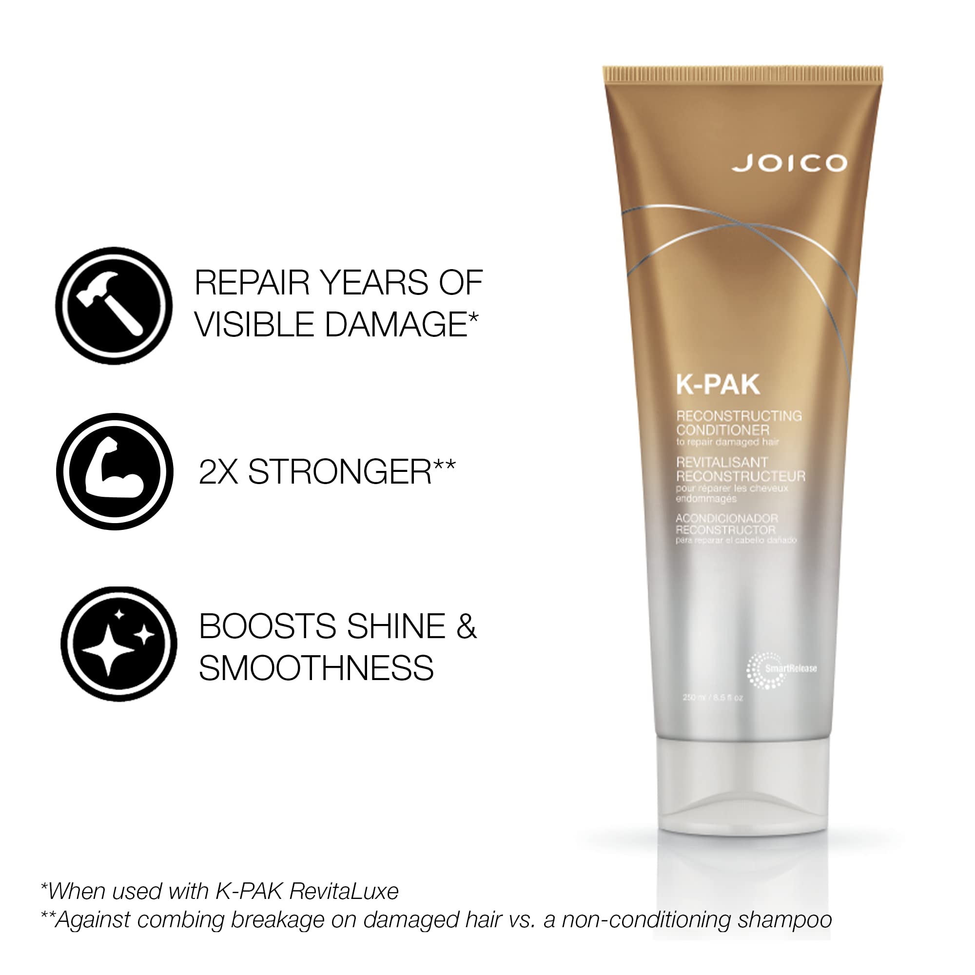 Set de dos productos Joico K-PAK en mesa, opción práctica para rutina capilar.