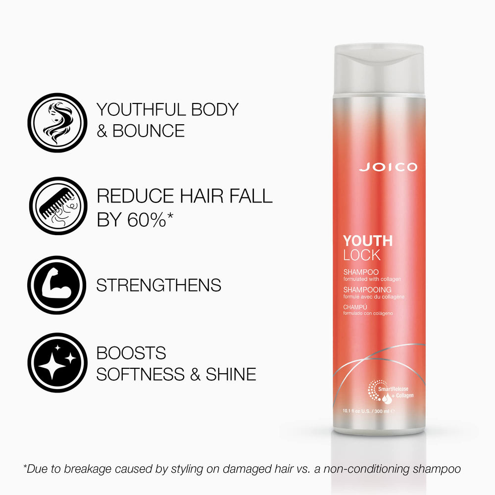 Joico YouthLock champú, aplicación espuma, deja sensación refrescante y limpieza suave.