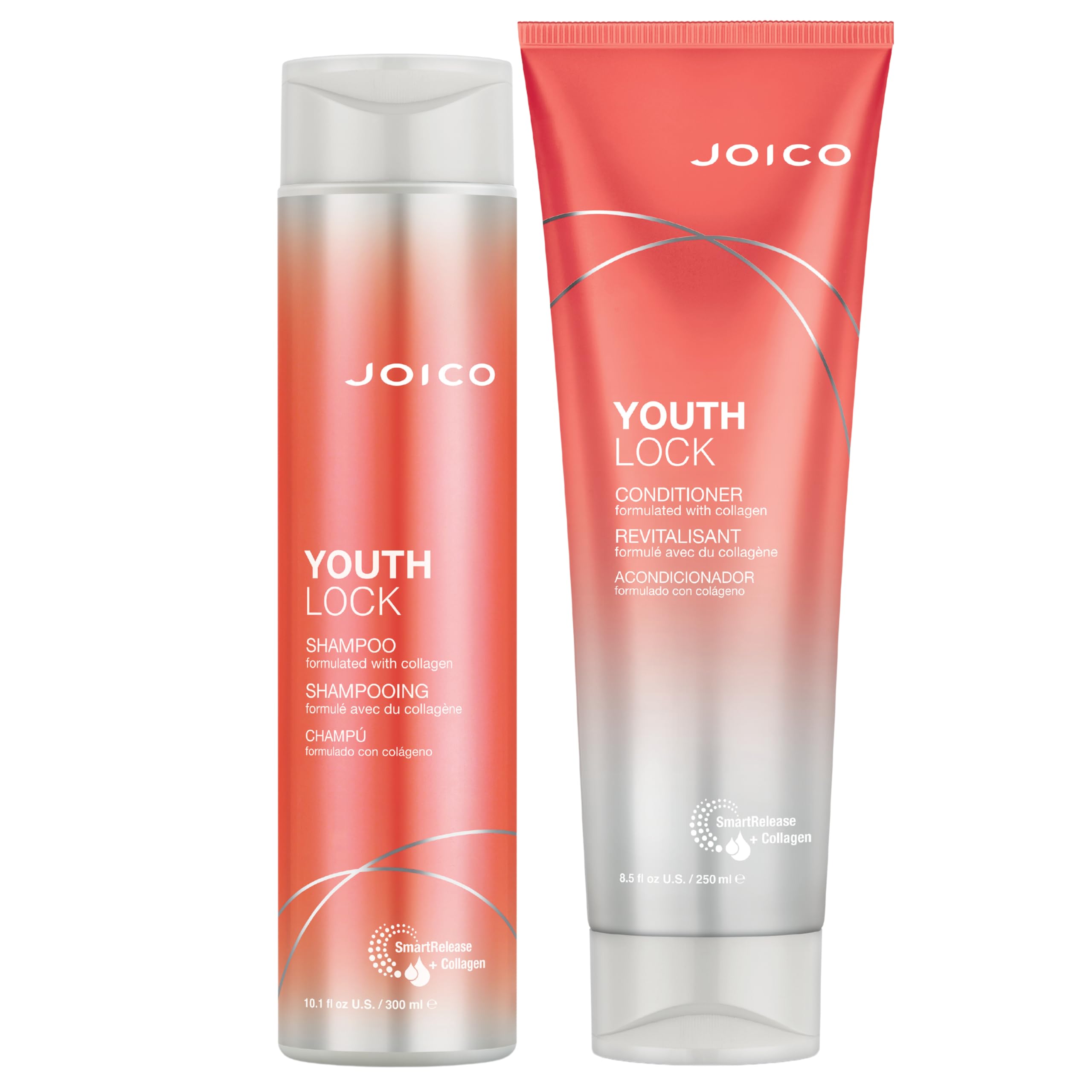 Joico YouthLock champú, botella equilibrio, limpieza suave que cuida el cabello.