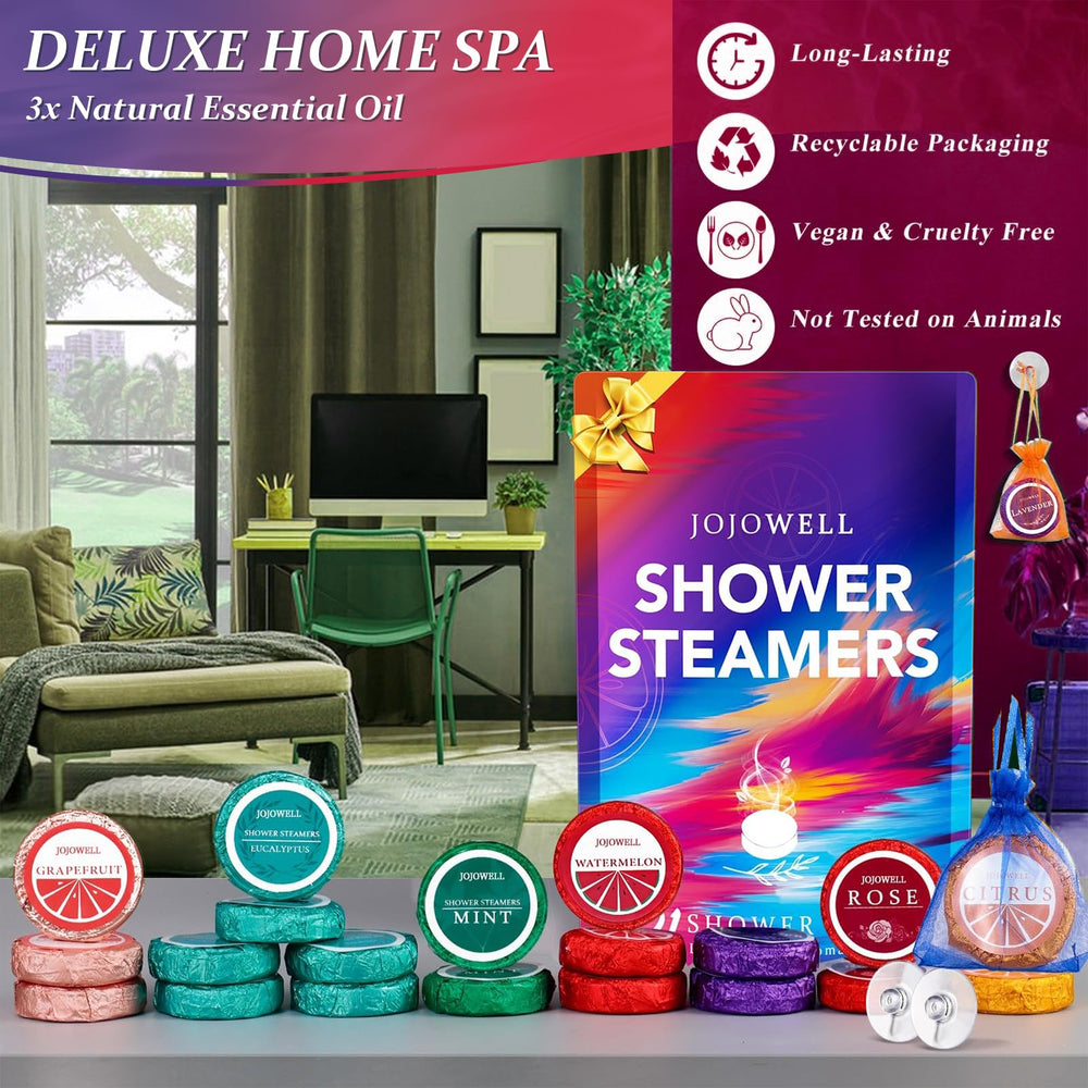 JoJowell shower steamers shown with two mesh bags for storage