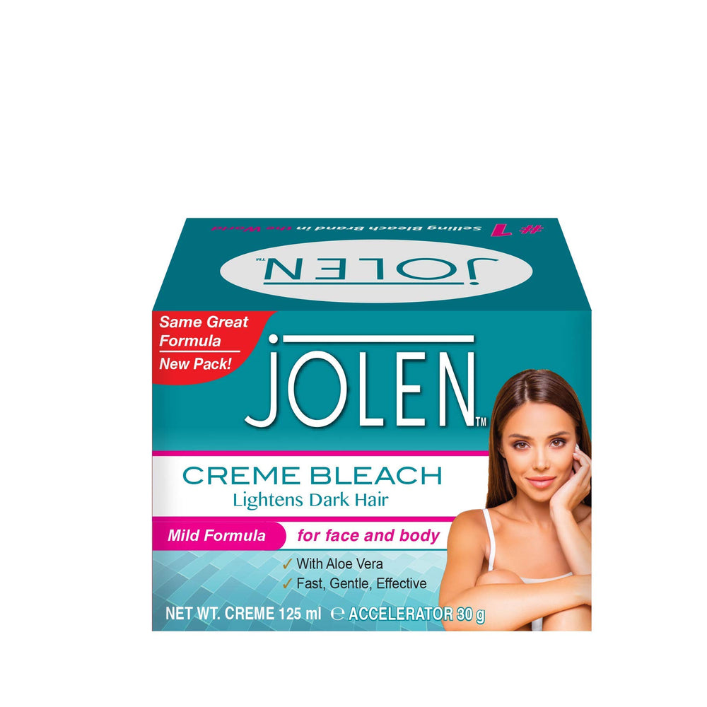 Jolen Creme Bleach facial 125ml: empaque limpio y listo para uso en casa.