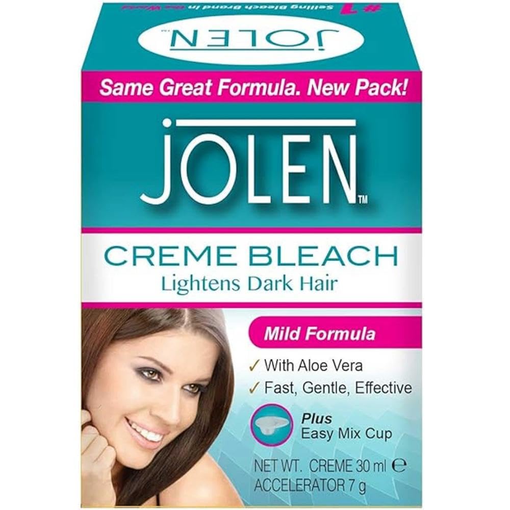 Jolen Creme Bleach Plus Aloe Vera, frasco para blanqueado suave en casa.