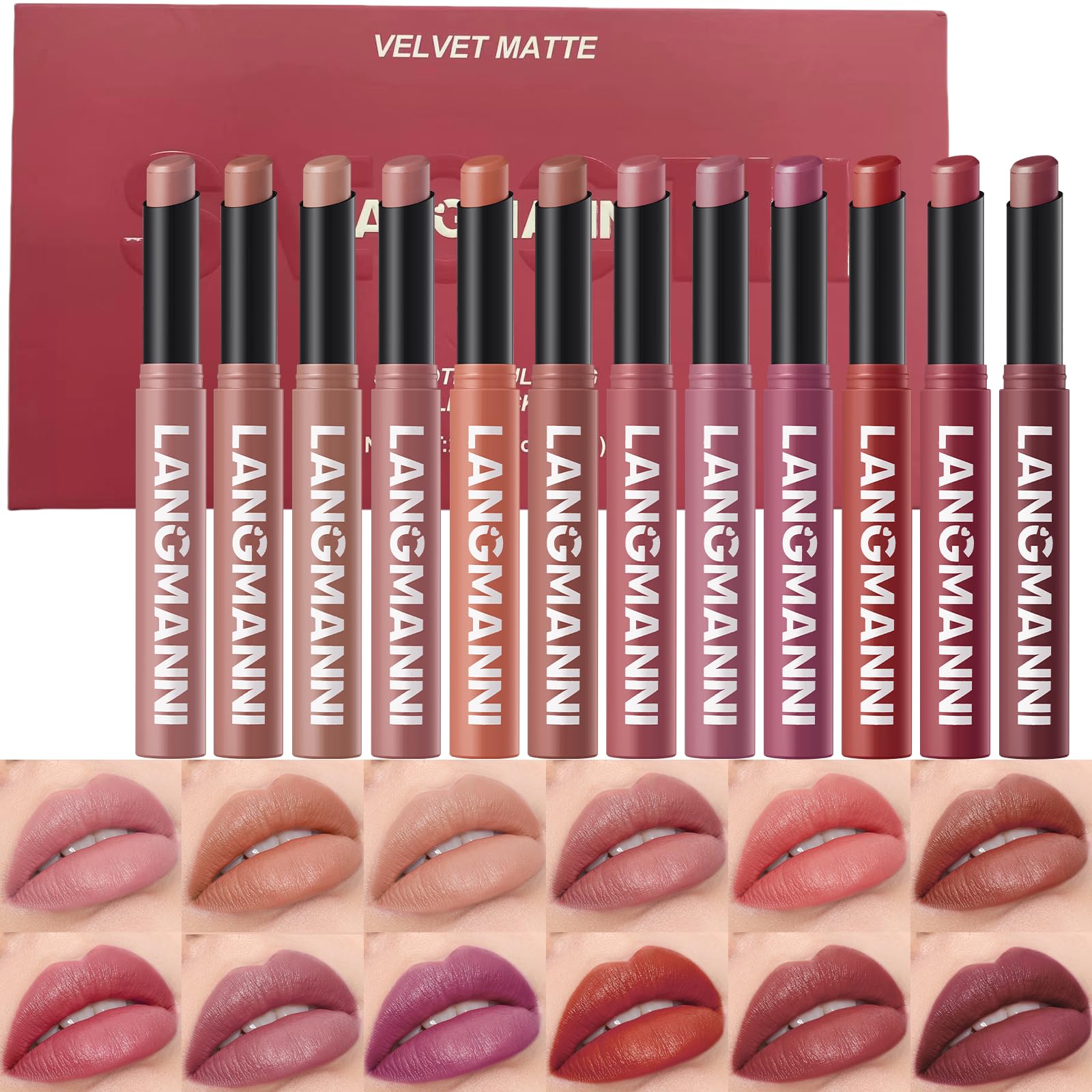 Lápiz labial Jolilab con acabado mate aterciopelado en 12 tonos nude a rojo para look diario.