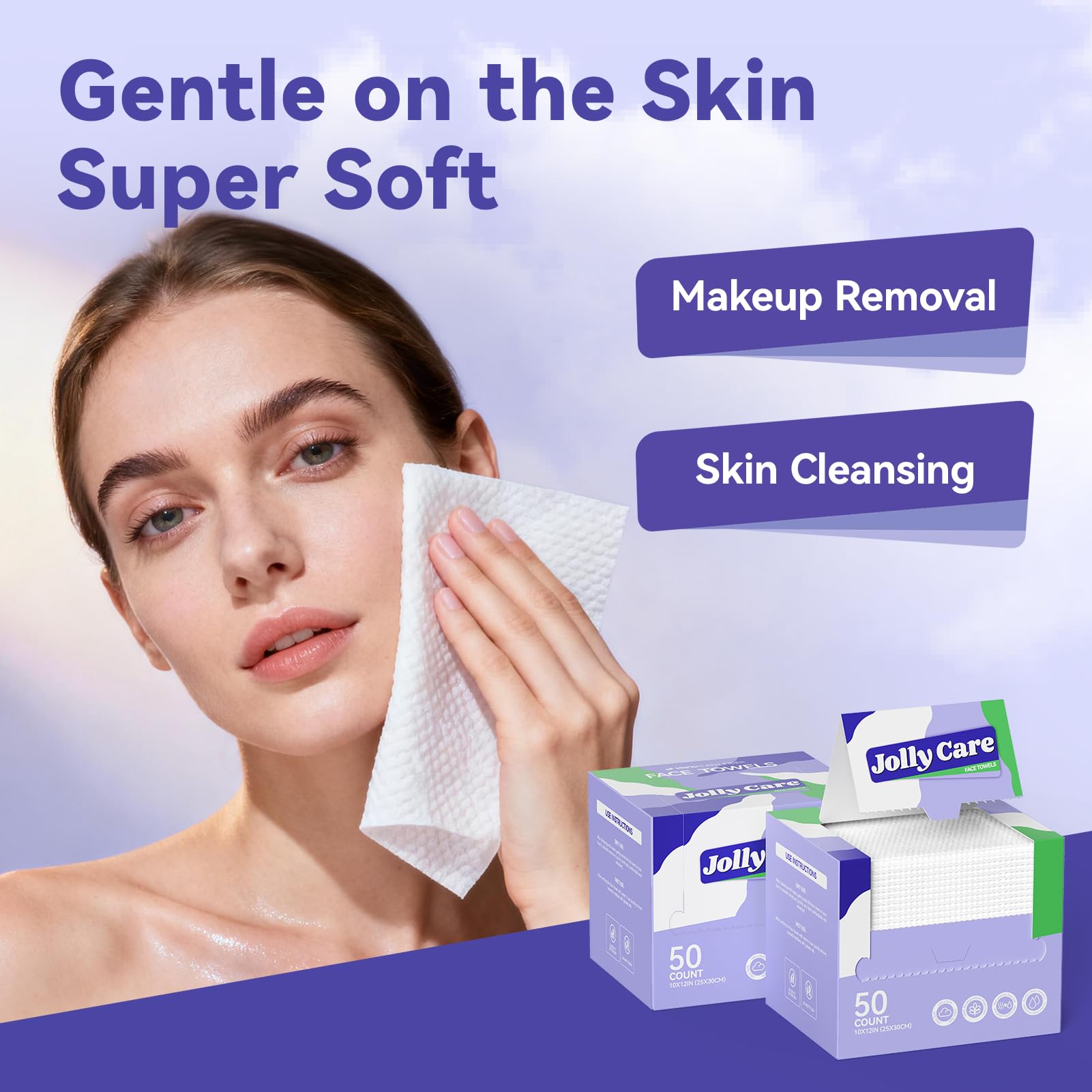 Jolly Care toallas rostro, doble uso seco y húmedo, ideal para limpieza diaria.