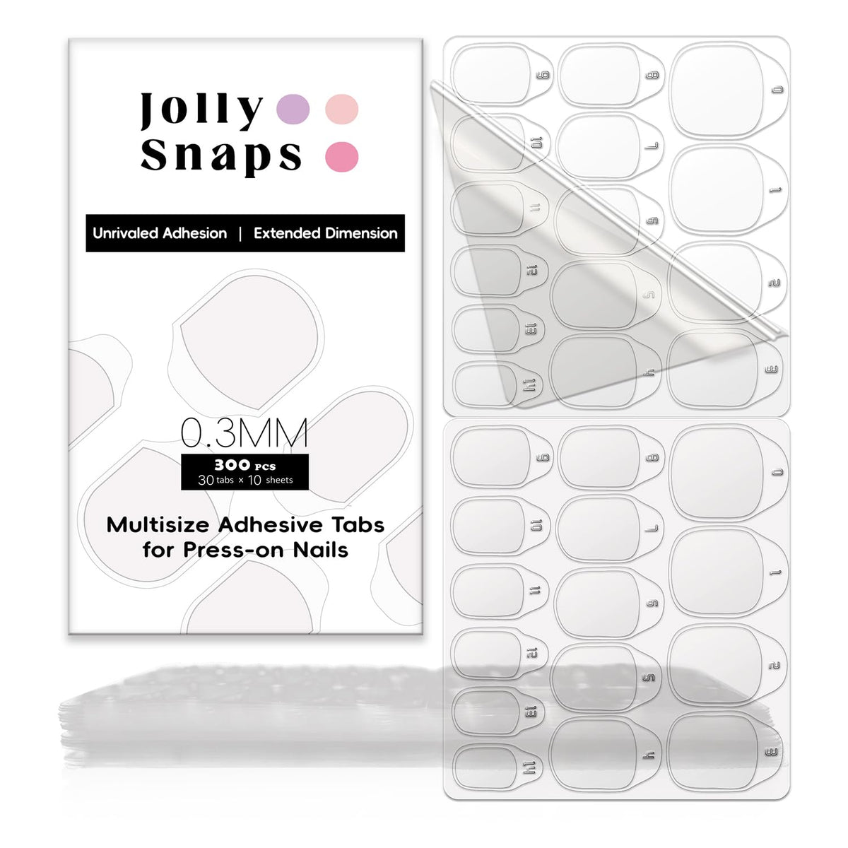 Jolly Snaps bandas adhesivas para uñas, 300 unidades, agarre seguro para uñas postizas.