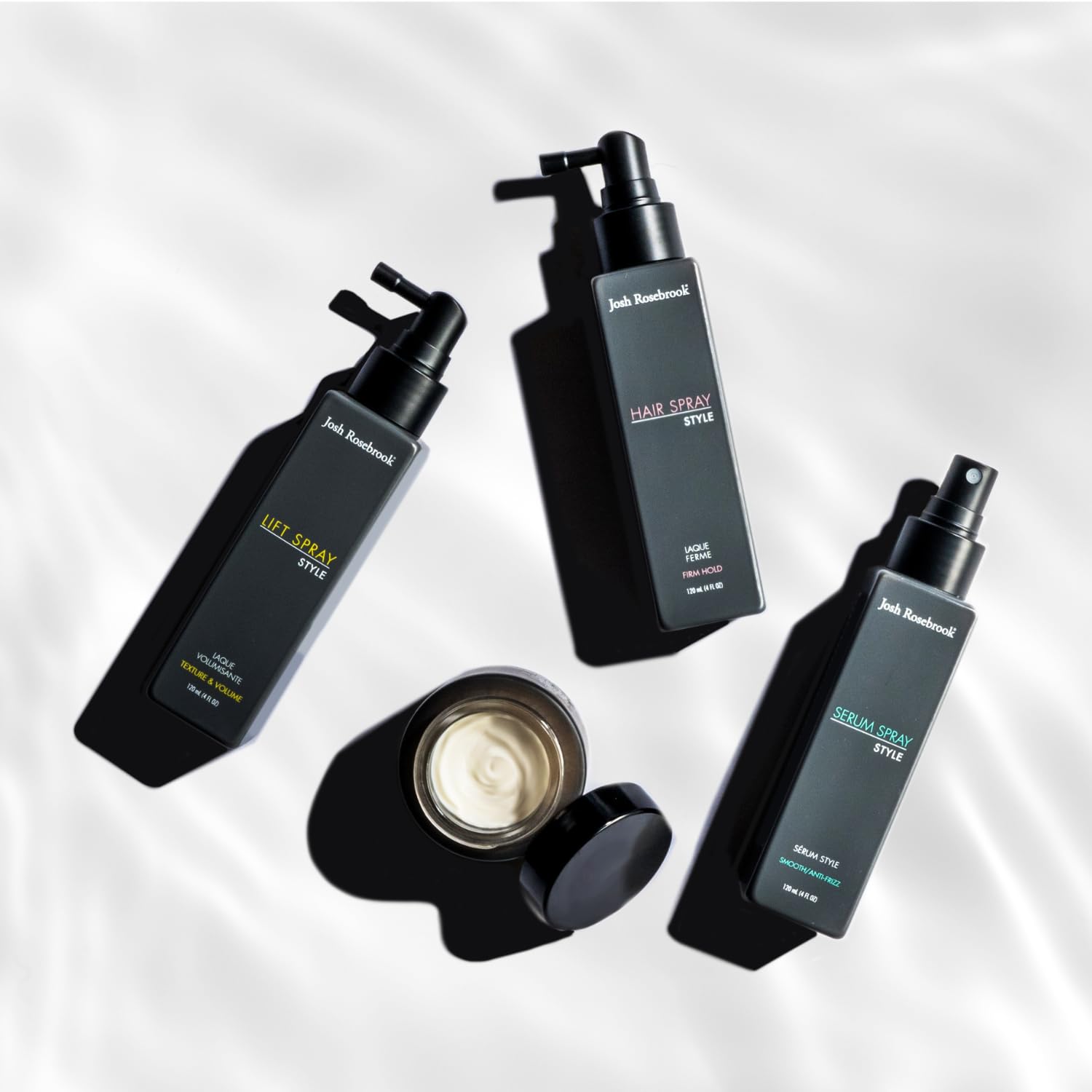 Josh Rosebrook Spray Fijador, envase premium con experiencia de cuidado.