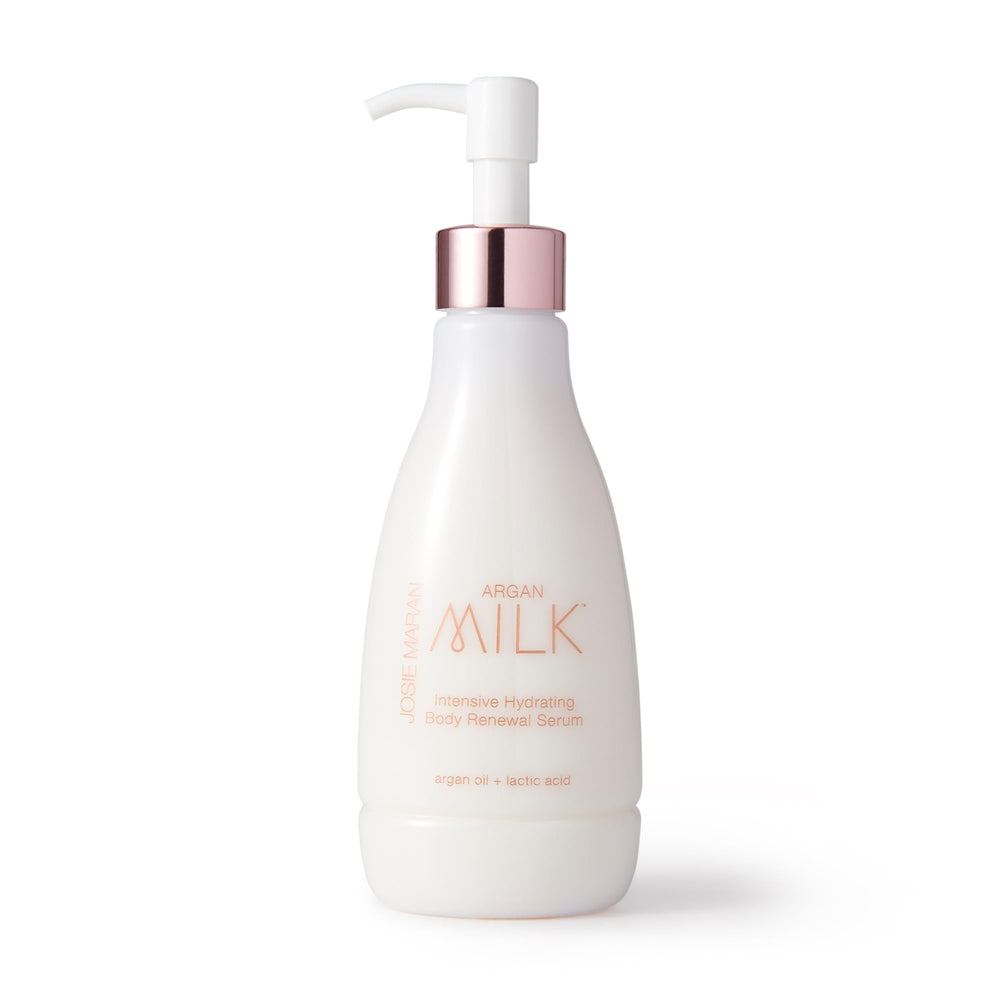 Josie Maran Argan Milk Body Serum en bote, hidratación profunda para piel seca