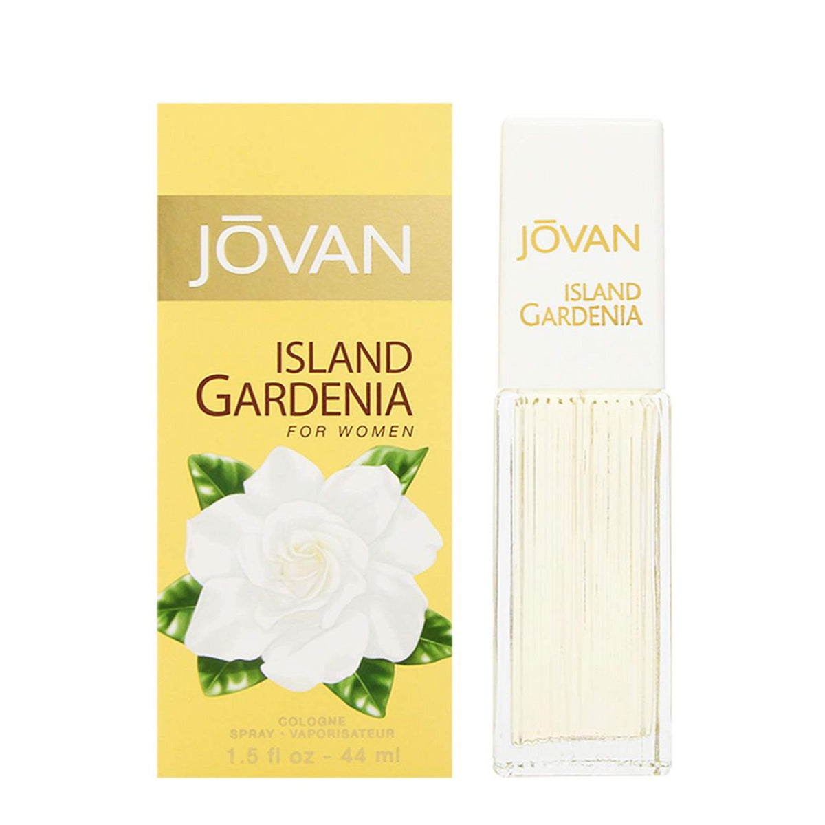 Jovan Island Gardenia: botella frontal con aroma fresco para uso diario.